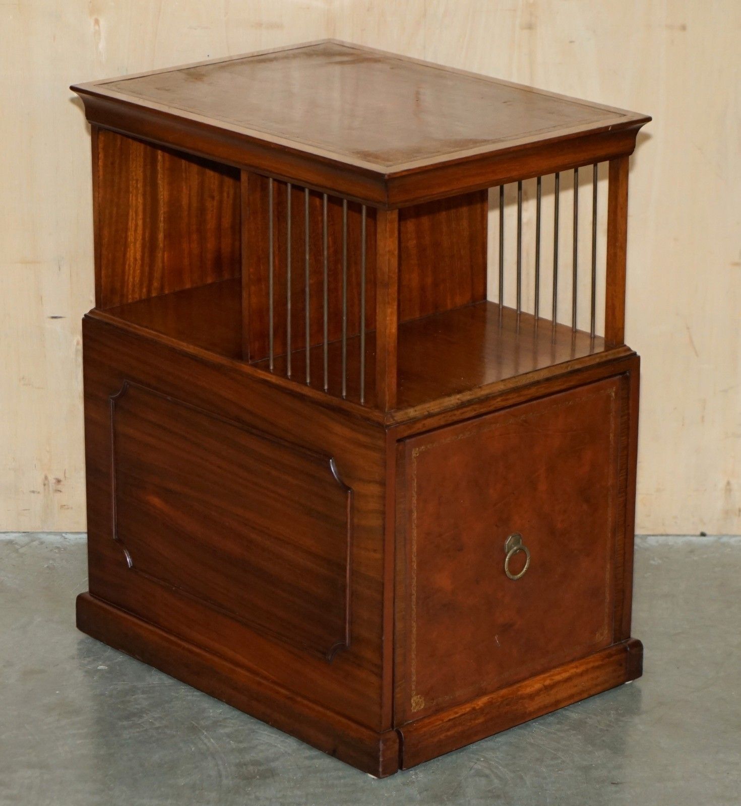 Exquisite Pair Of Unique Flamed Mahogany & Brown Leather Sliding Book Tables photo furniture