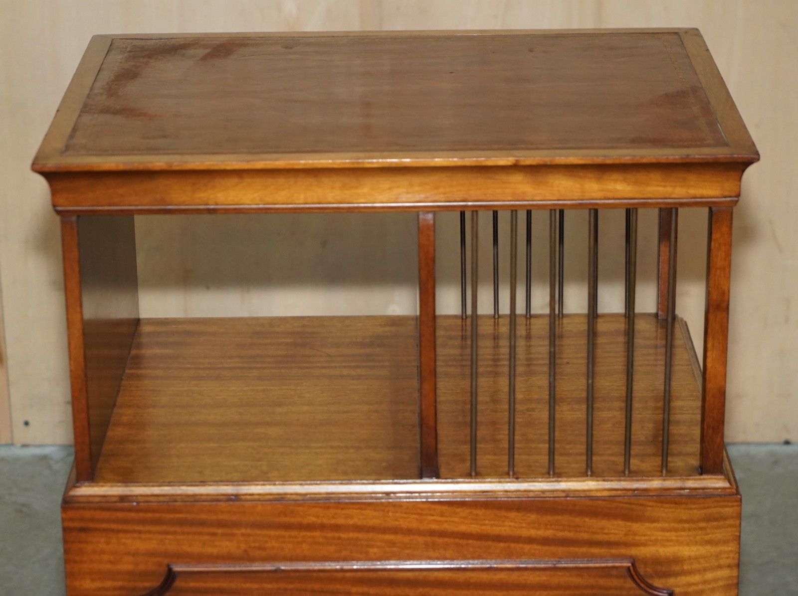 photo for sale Exquisite Pair Of Unique Flamed Mahogany & Brown Leather Sliding Book Tables
