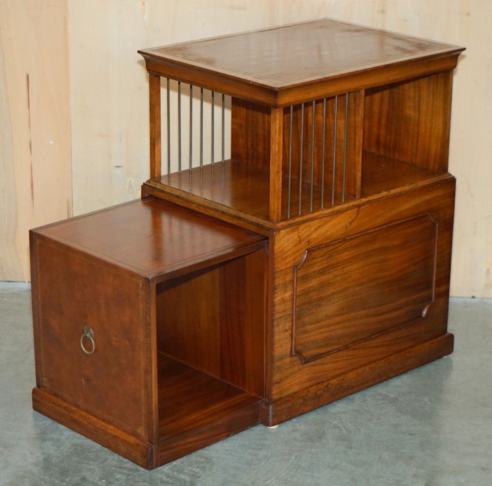 photo buy Exquisite Pair Of Unique Flamed Mahogany & Brown Leather Sliding Book Tables