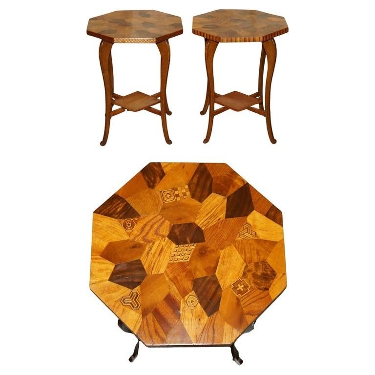 Pair Of Antique Victorian Parquetry Specimen Sample Wood Inlaid Side End Tables