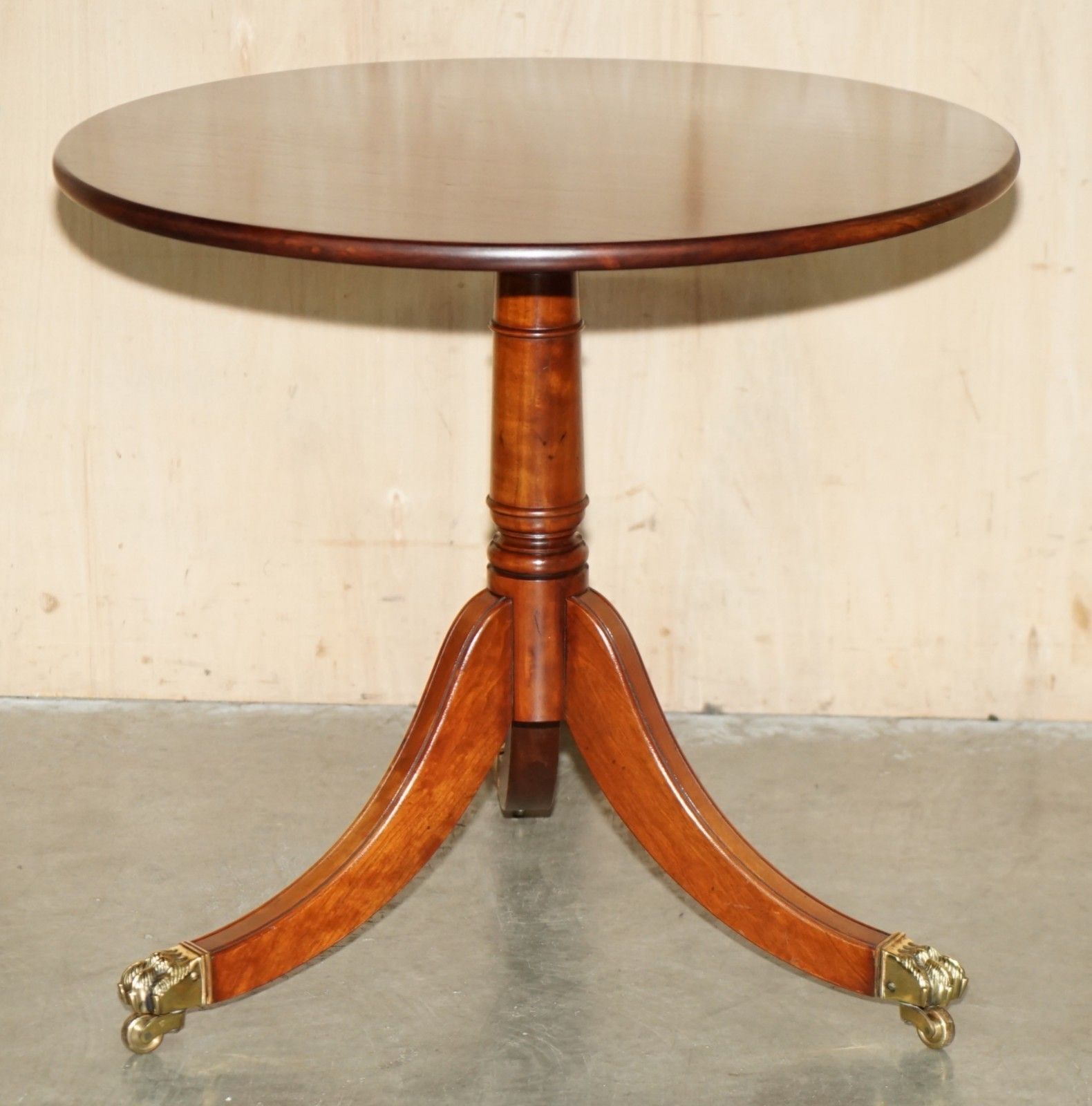 Restored English Mahogany Large Tripod Side Table With Brass Lions Paw Castors photo furniture