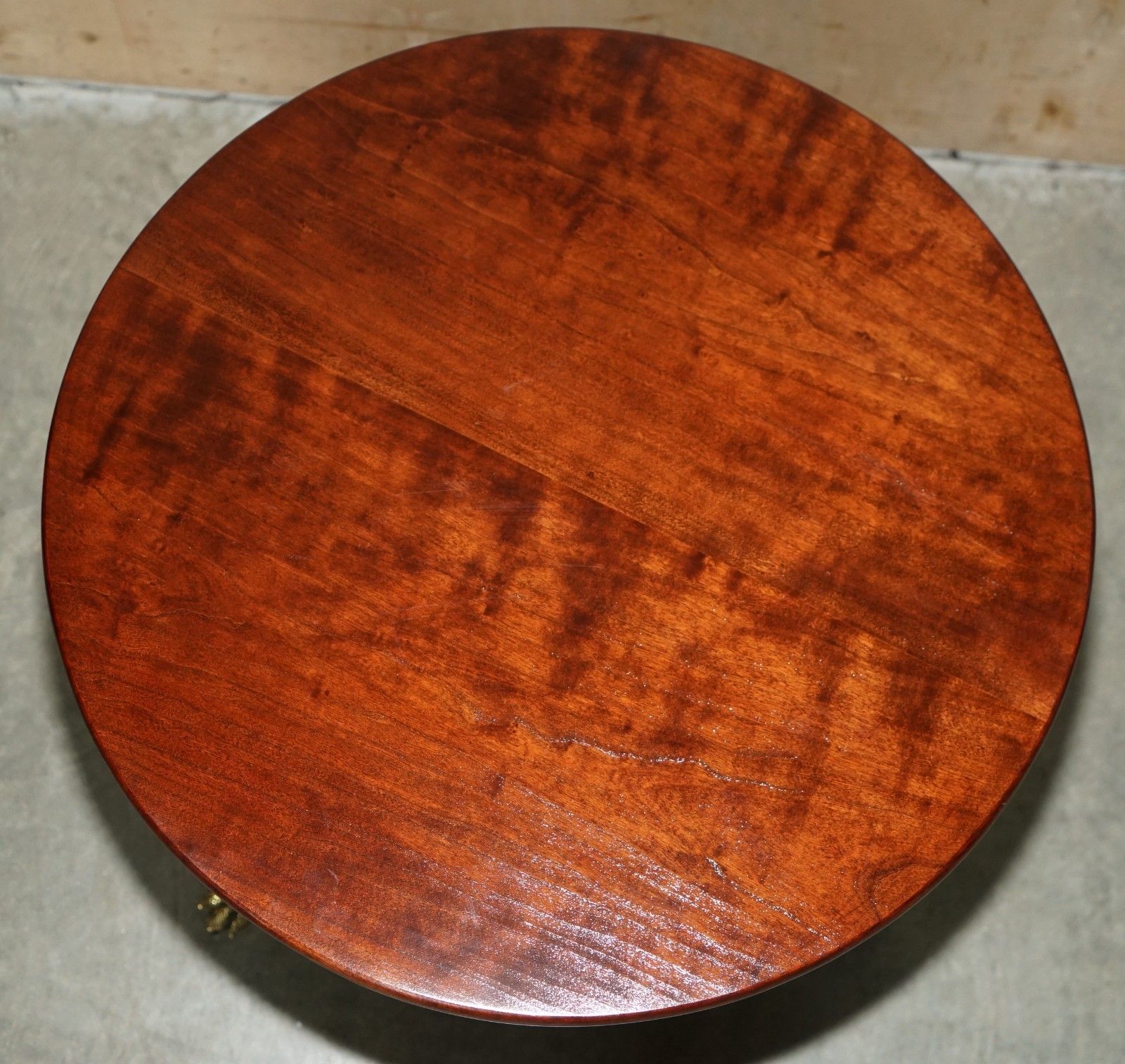 Restored English Mahogany Large Tripod Side Table With Brass Lions Paw Castors photo vinterior