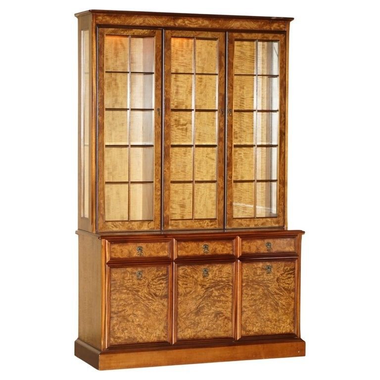 Lovely Vintage Burr Walnut Glazed Door Welsh Dresser Display Cabinet With Lights