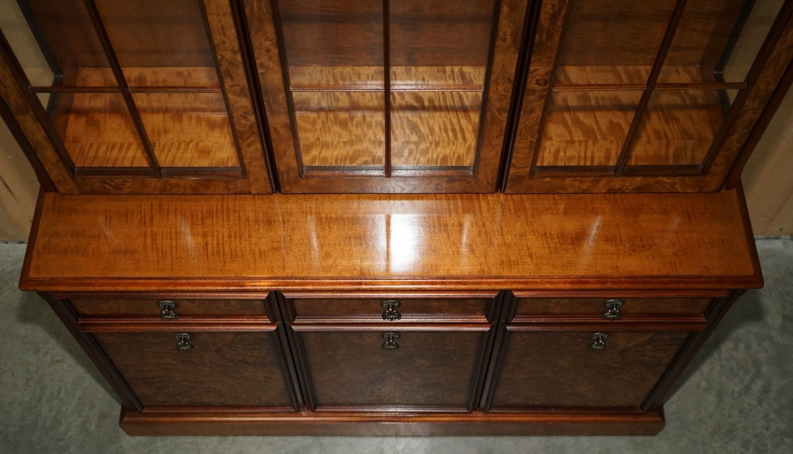 Lovely Vintage Burr Walnut Glazed Door Welsh Dresser Display Cabinet With Lights photo vintage