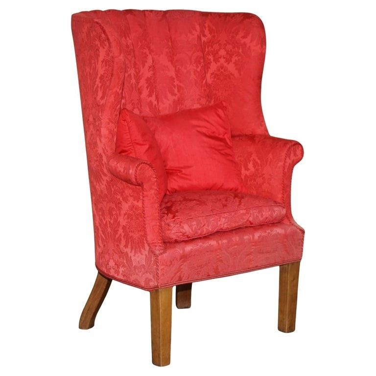 Fine Antique Fluted Back Victorian Damask Porters Windback Barrel Armchair