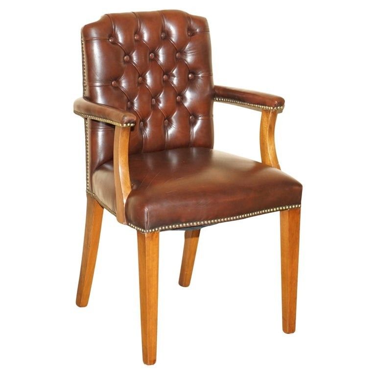 George II Style Chesterfield Brown Leather Gainsborough Carver Office Armchair