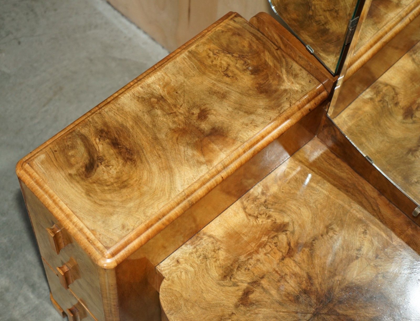 Furniture Lovely Art Deco Circa 1930's Satin Walnut Dressing Table + Mirror Part Of Suite photo
