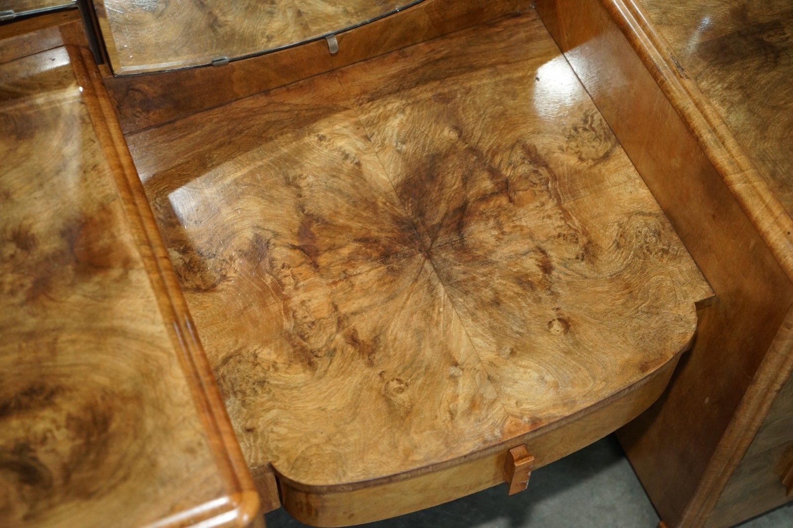 1750.0 Lovely Art Deco Circa 1930's Satin Walnut Dressing Table + Mirror Part Of Suite photo