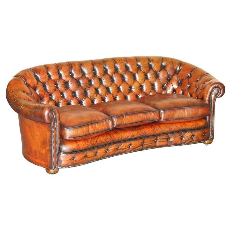 Vintage Hand Dyed Fully Restored Whisky Brown Leather Curved Chesterfield Sofa