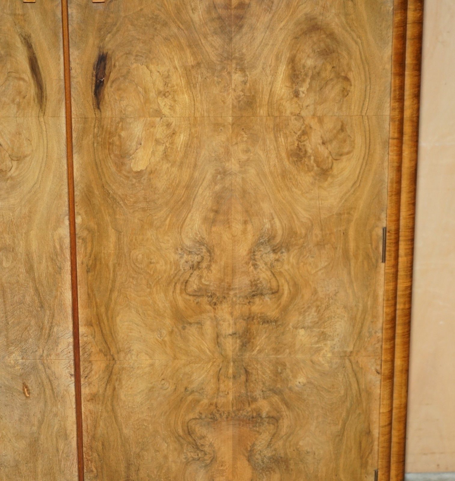 photo for sale Antique Art Deco Circa 1930's Satin Burr Walnut Double Wardrobe Part Of Suite