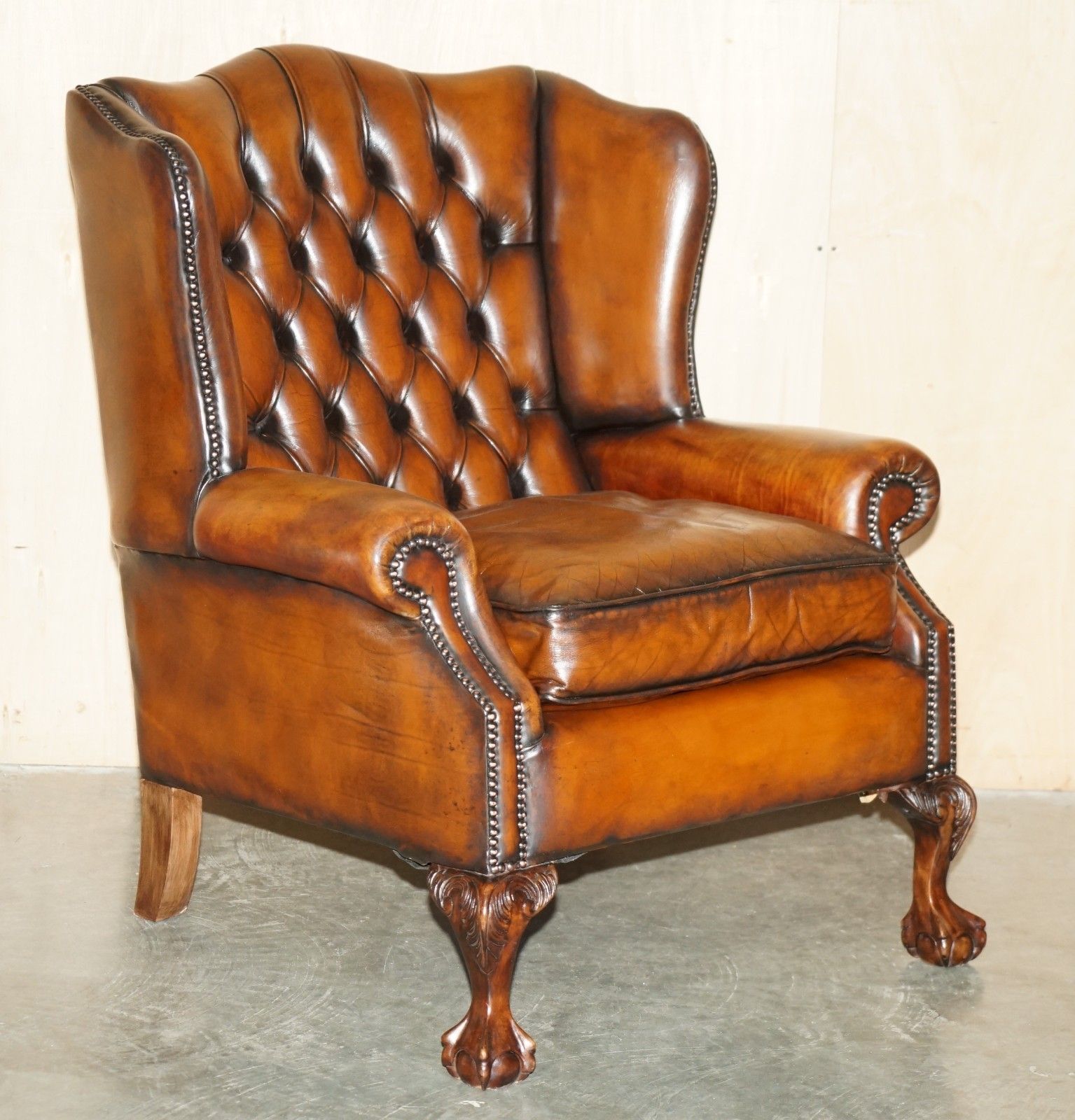 Restored Claw & Ball Feet Chesterfield Tufted Brown Leather Wingback Armchair photo furniture