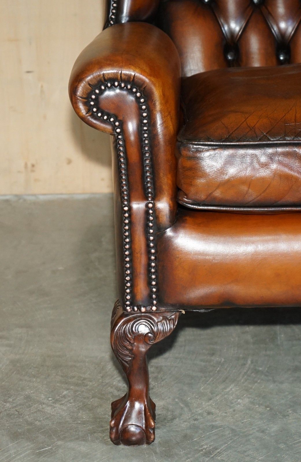 Restored Claw & Ball Feet Chesterfield Tufted Brown Leather Wingback Armchair photo vintage
