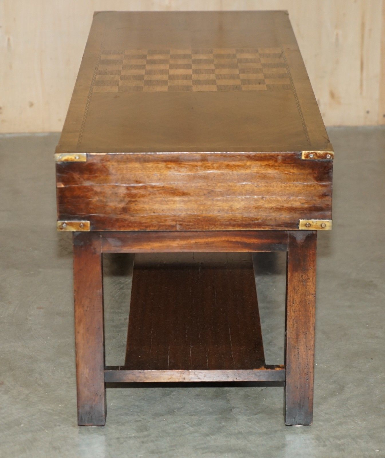 photo vinterior Vintage Chess Board Coffee Table With Internal Storage Drawers For Chess Pieces