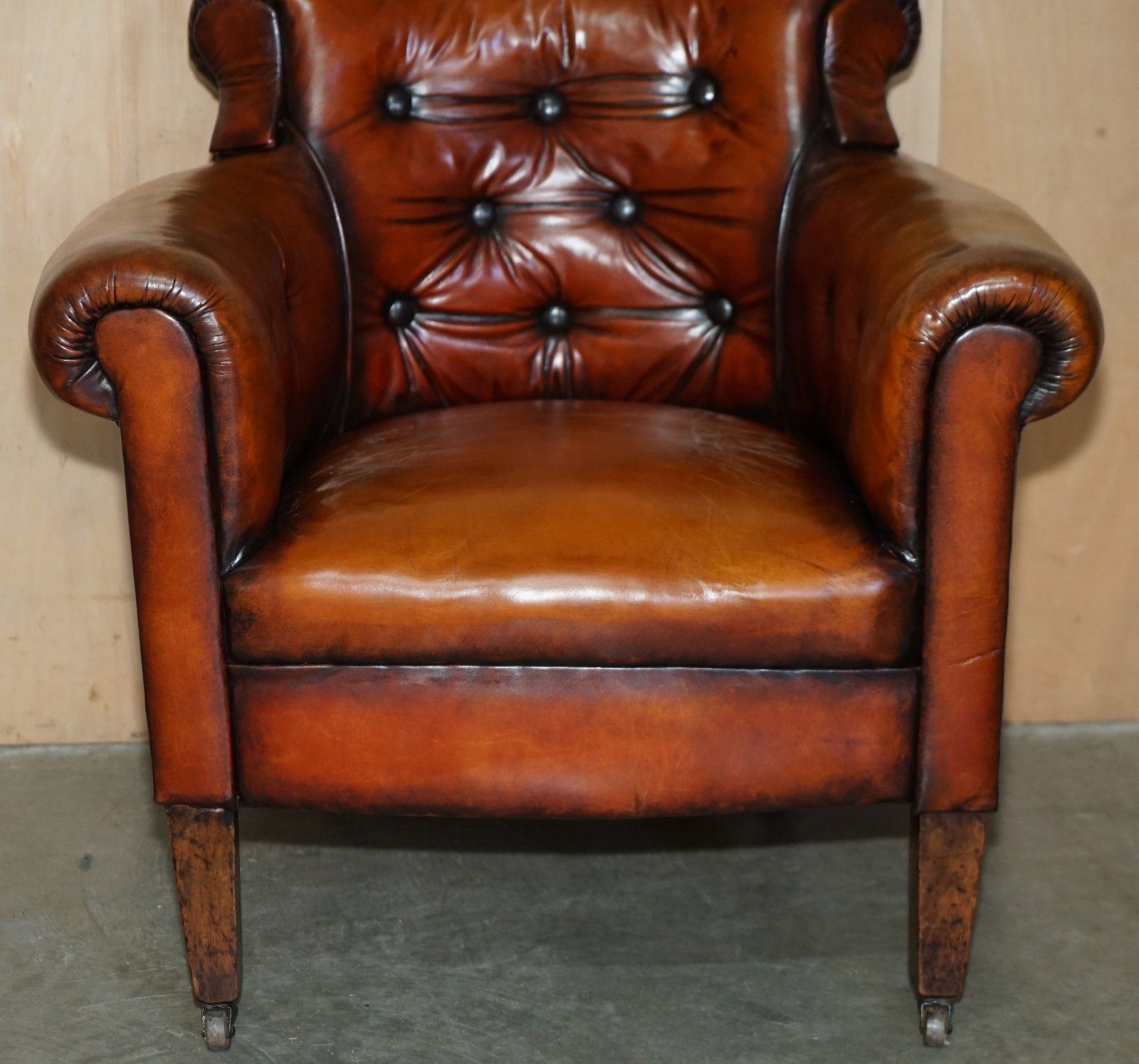 photo for sale Fully Restored Edwardian Chesterfield Hand Dyed Brown Leather Tub Club Armchair