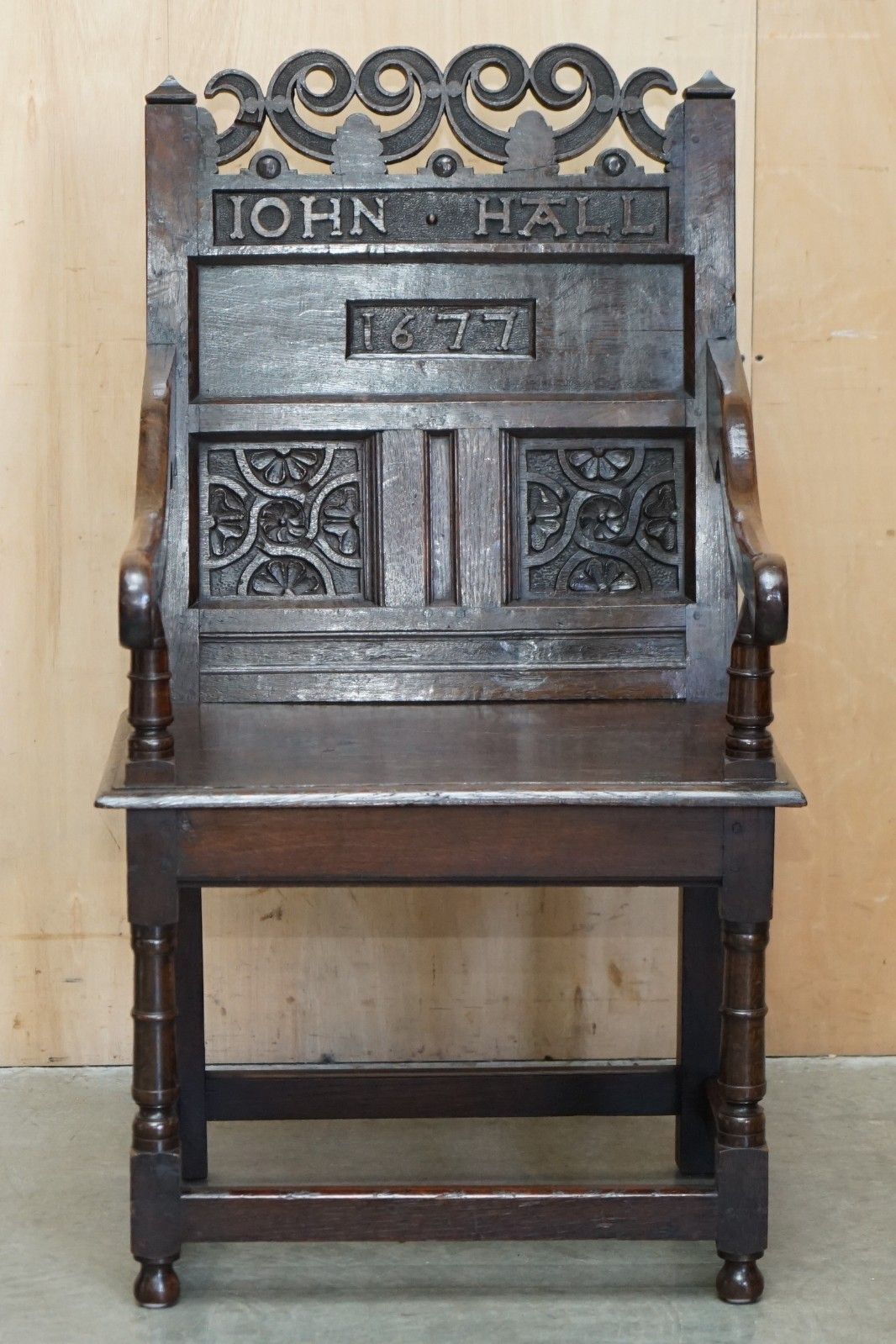 Antique Exceptionally Rare 1677 Dated John Hall Armchair Northern England Oak photo for sale