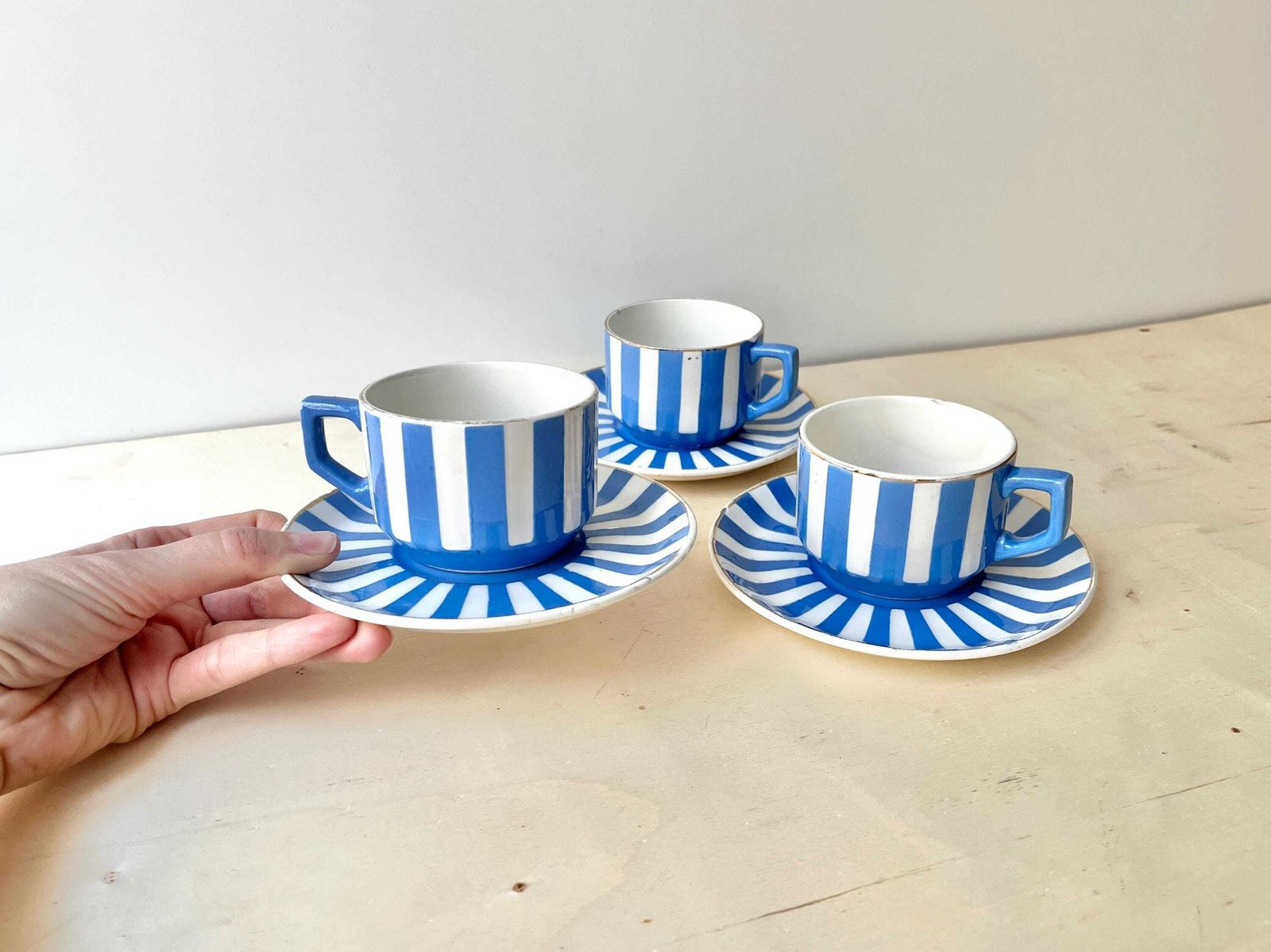 French Art Deco Set Of 3 Teacups And Saucers, Fox Trott Sarreguemines France 1930s, Antique Blue Stripes Earthenware Tableware photo furniture