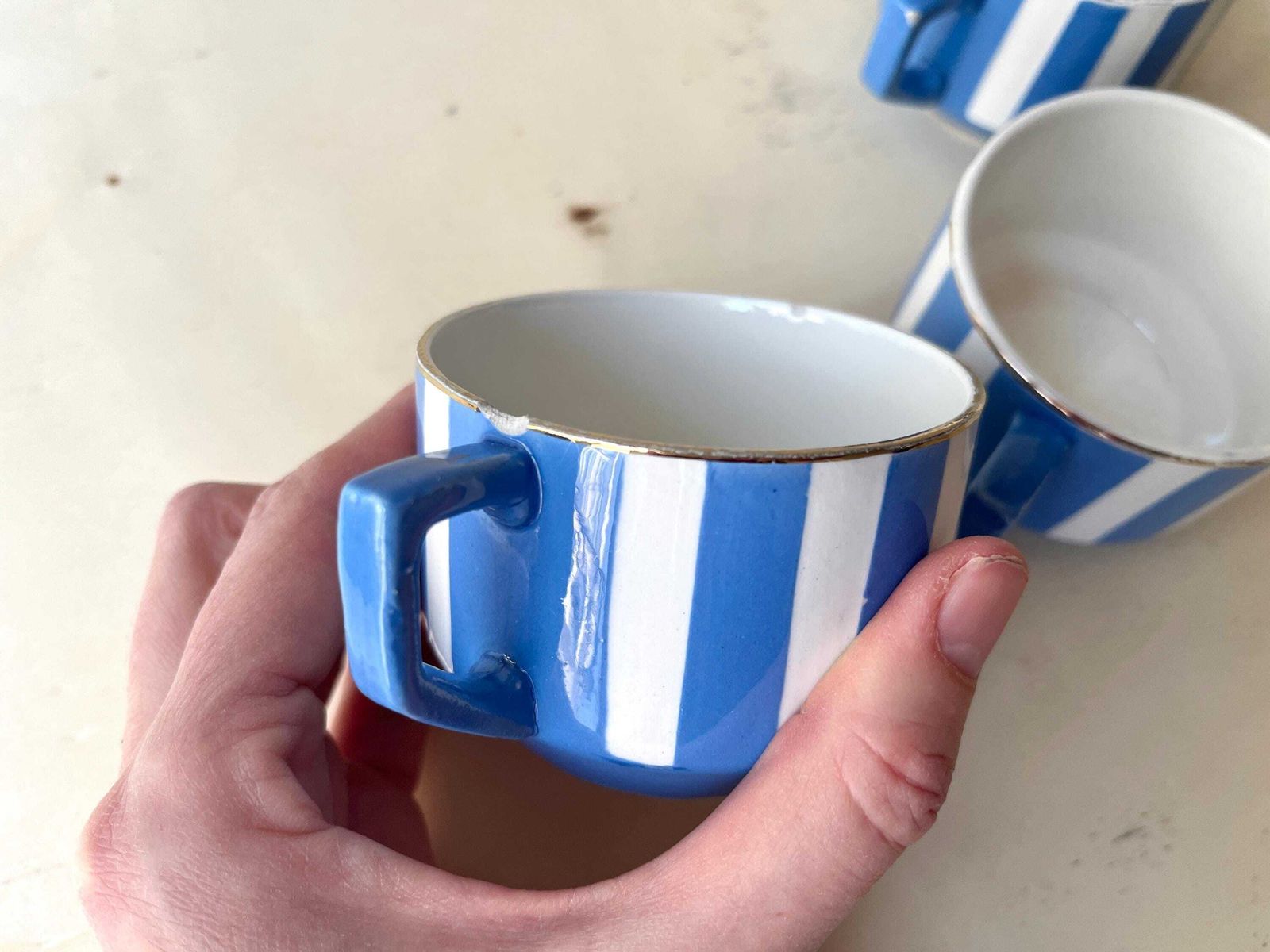 Home Decor French Art Deco Set Of 3 Teacups And Saucers, Fox Trott Sarreguemines France 1930s, Antique Blue Stripes Earthenware Tableware photo