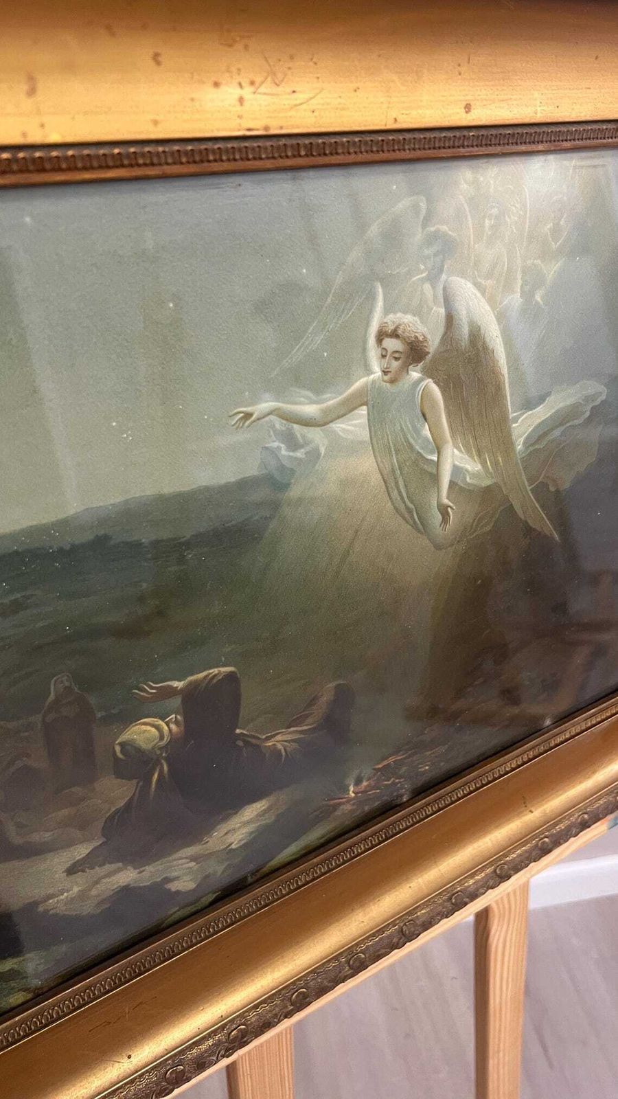 Pair Antique Late 19thc Glazed Oleograph Pictures In Gilt Frames Classical Angel Scenes photo Art