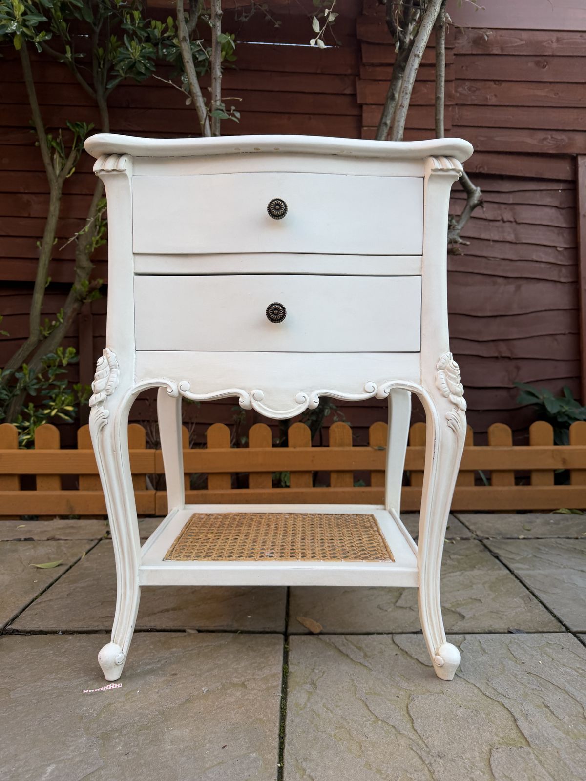 photo buy Beautiful Coach House Provence French Style 2 Draw White Bedside Table With Rattan – Superb Condition – £334