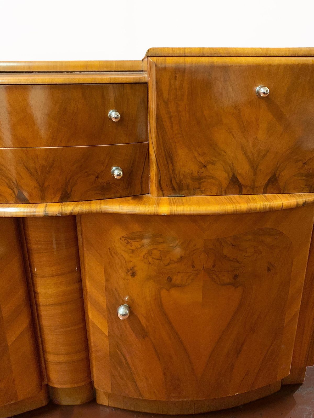 Art Deco Figured Wood Sideboard & Twin Mirror Cocktail Cabinet, Circa 1930's photo Furniture