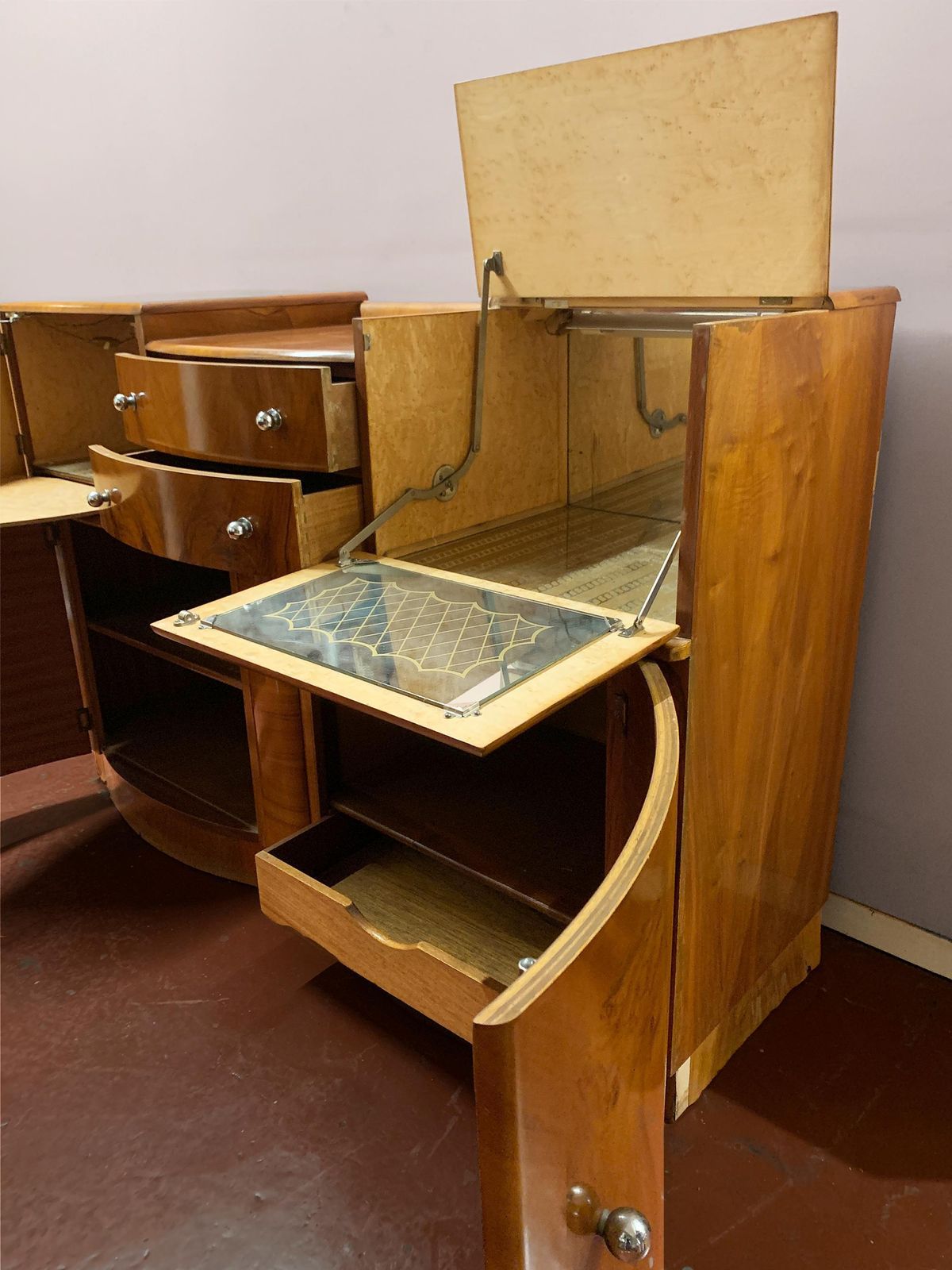 Art Deco Figured Wood Sideboard & Twin Mirror Cocktail Cabinet, Circa 1930's photo vinterior