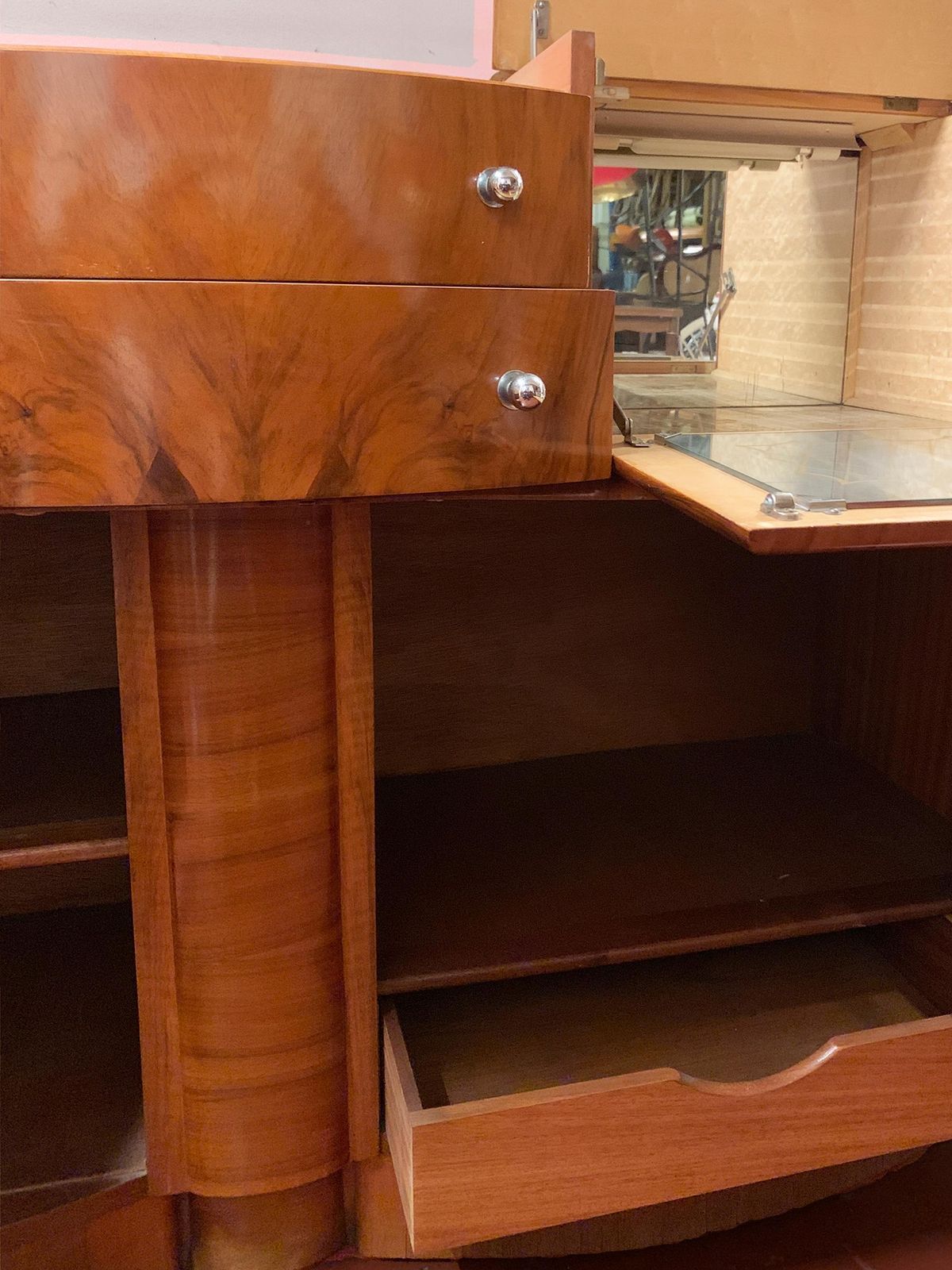 Art Deco Figured Wood Sideboard & Twin Mirror Cocktail Cabinet, Circa 1930's photo vintage