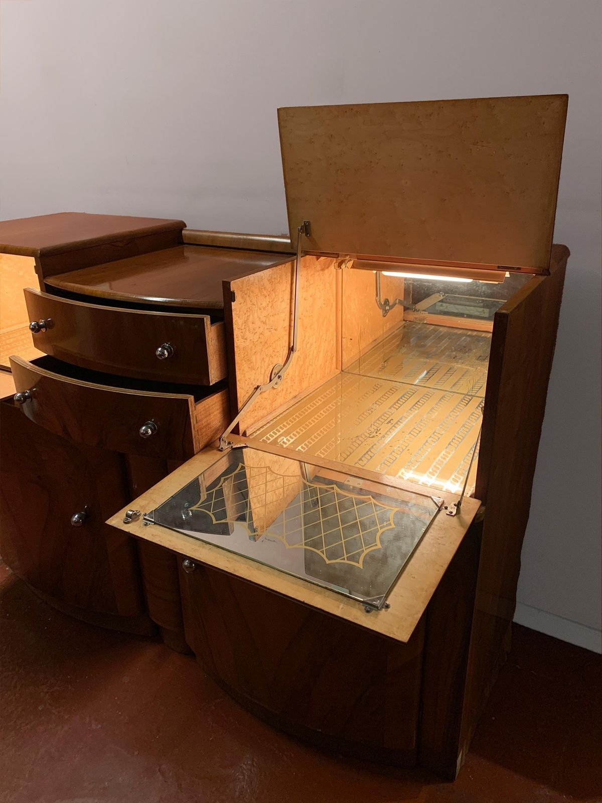 photo for sale Art Deco Figured Wood Sideboard & Twin Mirror Cocktail Cabinet, Circa 1930's