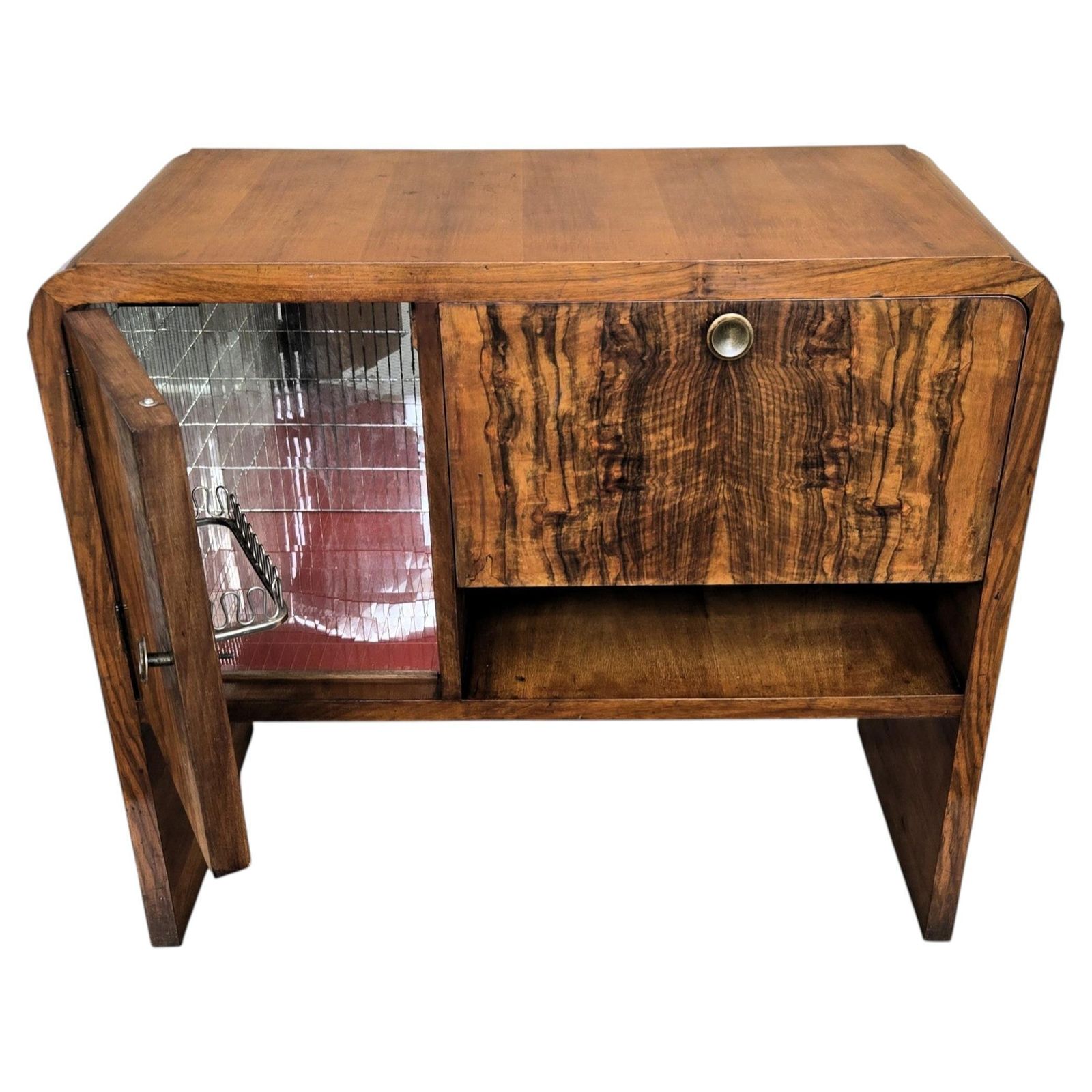 Italian 1940s Art Deco Midcentury Walnut Mirror Mosaic Dry Bar Cocktail Cabinet