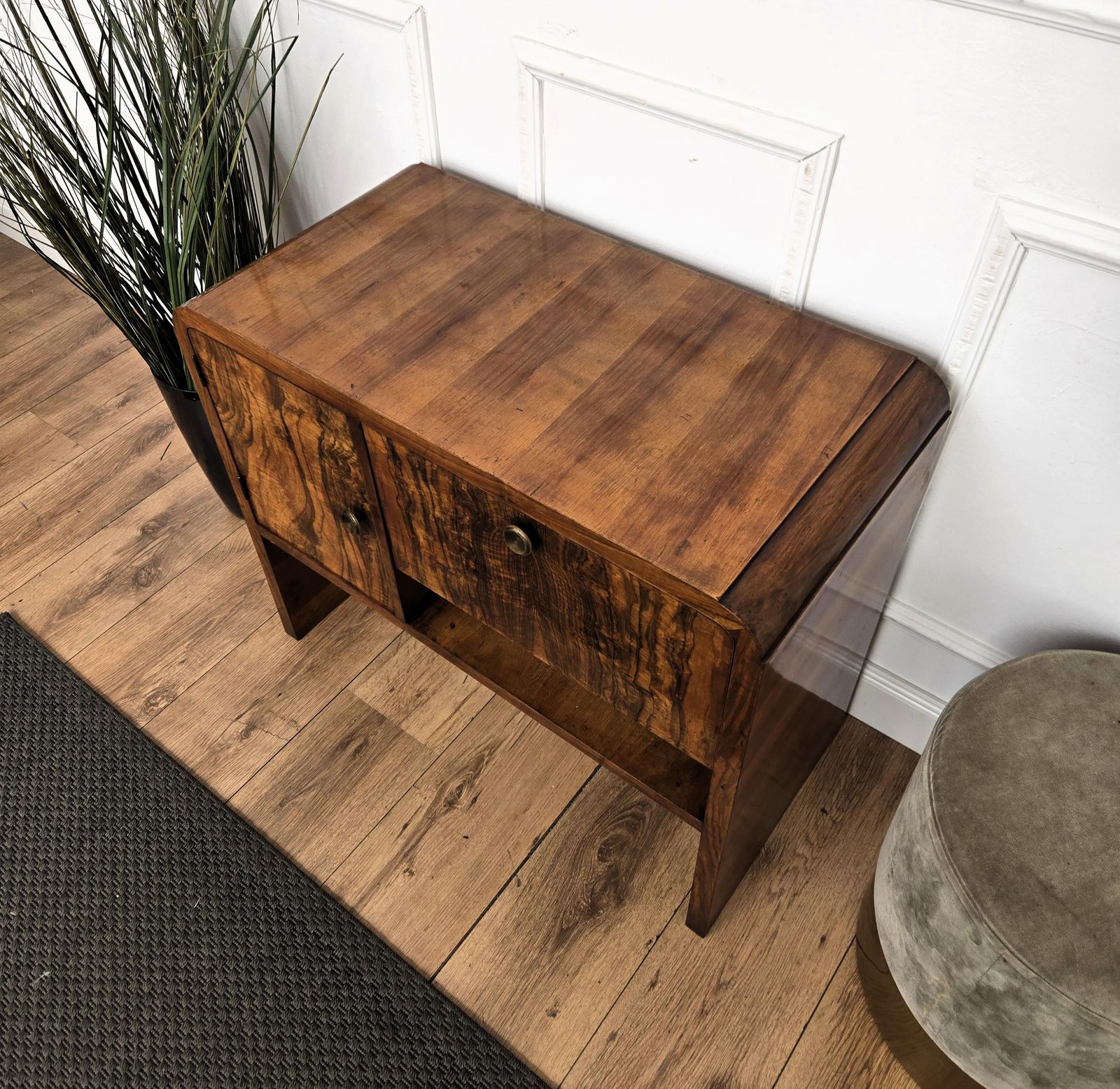 photo for sale Italian 1940s Art Deco Midcentury Walnut Mirror Mosaic Dry Bar Cocktail Cabinet
