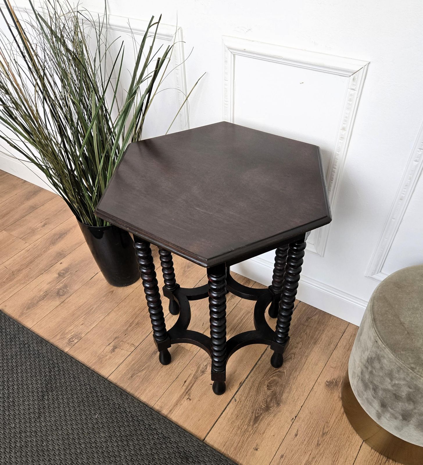 Antique Italian Hexagonal Black Walnut Side Table Stool With Bobbin Turned Legs photo vinterior