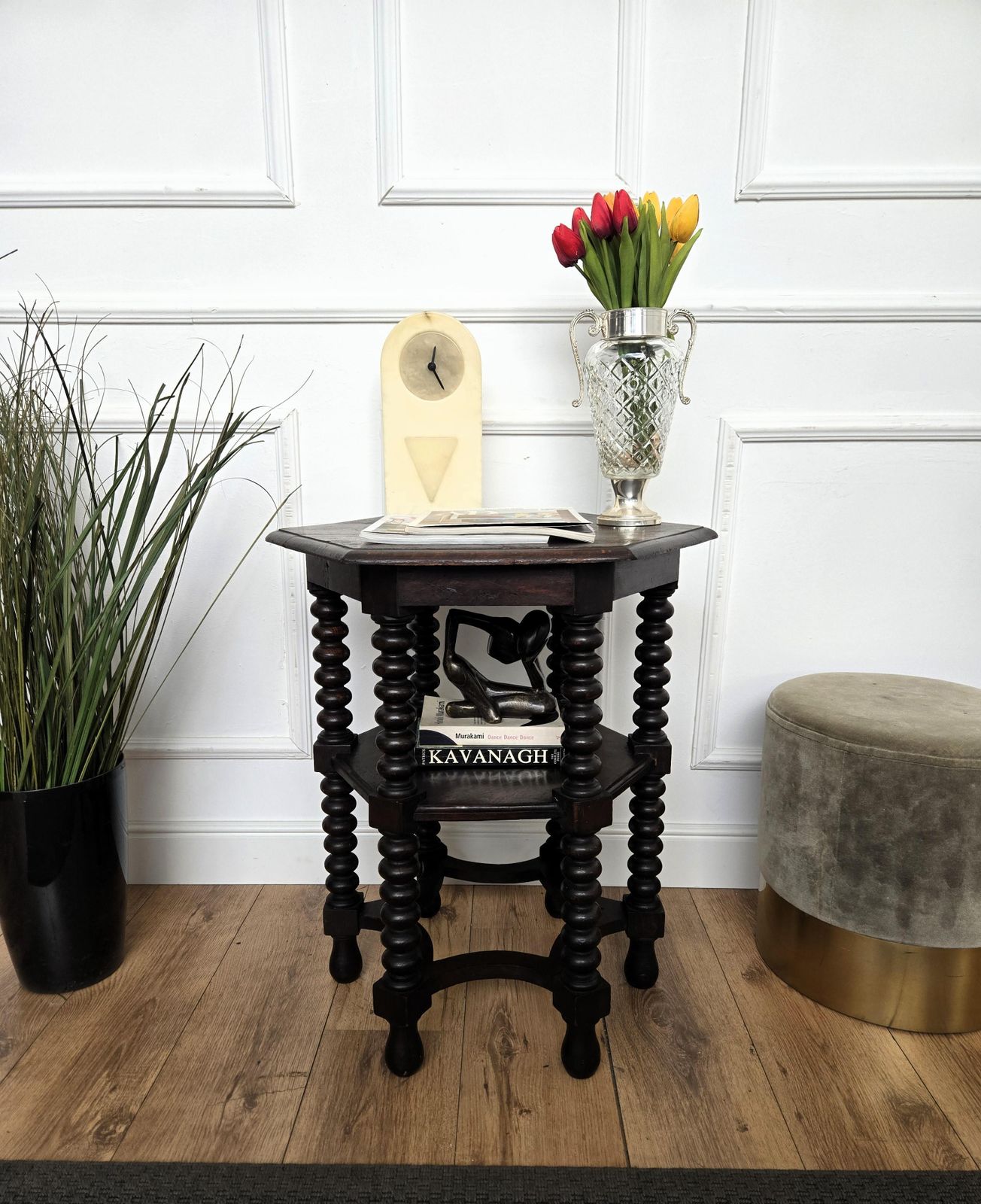 Antique Italian Hexagonal Walnut Side Table Or Stool With Bobbin Turned Legs photo furniture