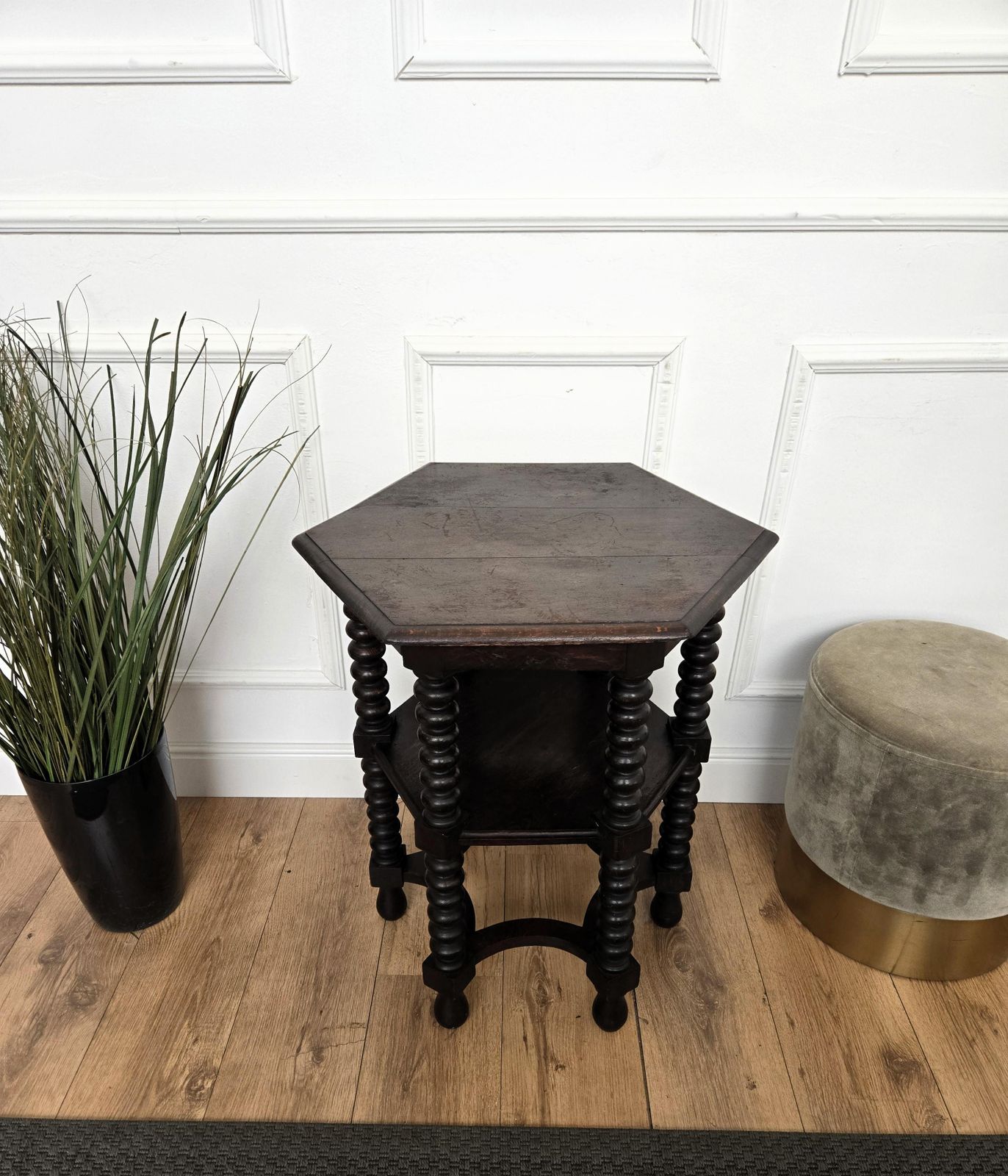Antique Italian Hexagonal Walnut Side Table Or Stool With Bobbin Turned Legs photo vinterior