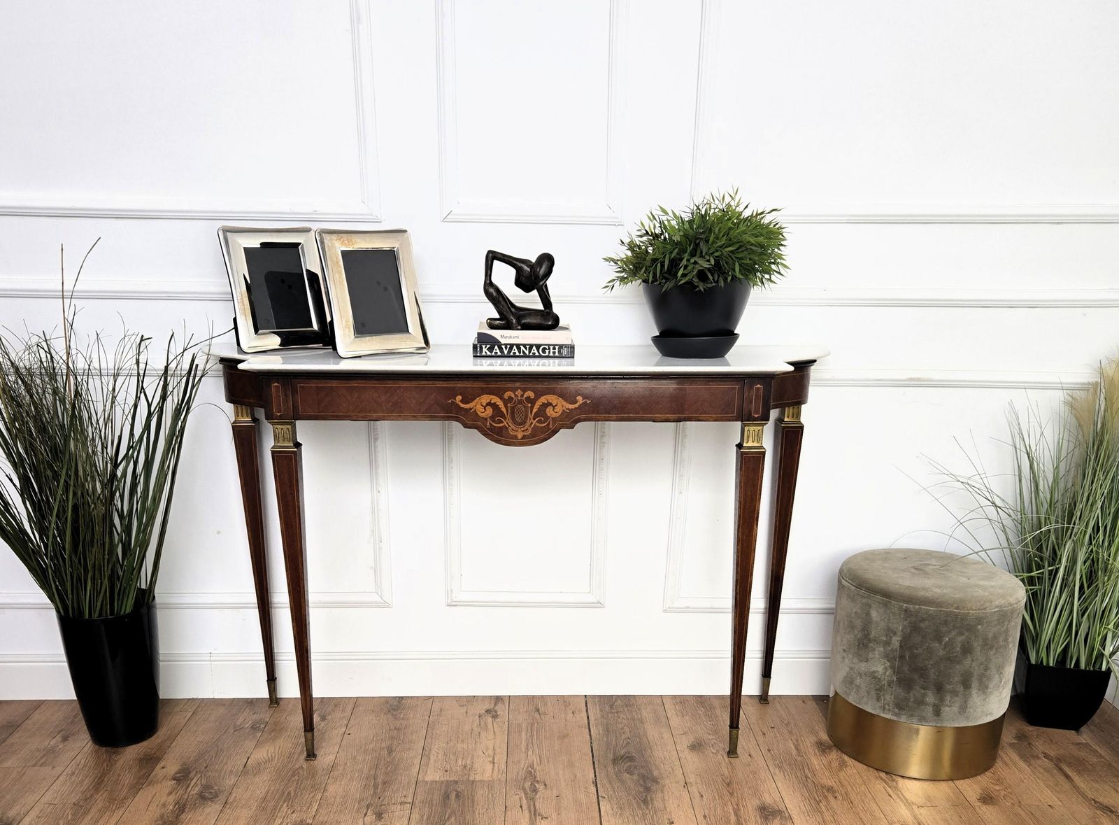 1950s Midcentury Italian Inlay Wood Brass Wall Console Table With Marble Top photo furniture