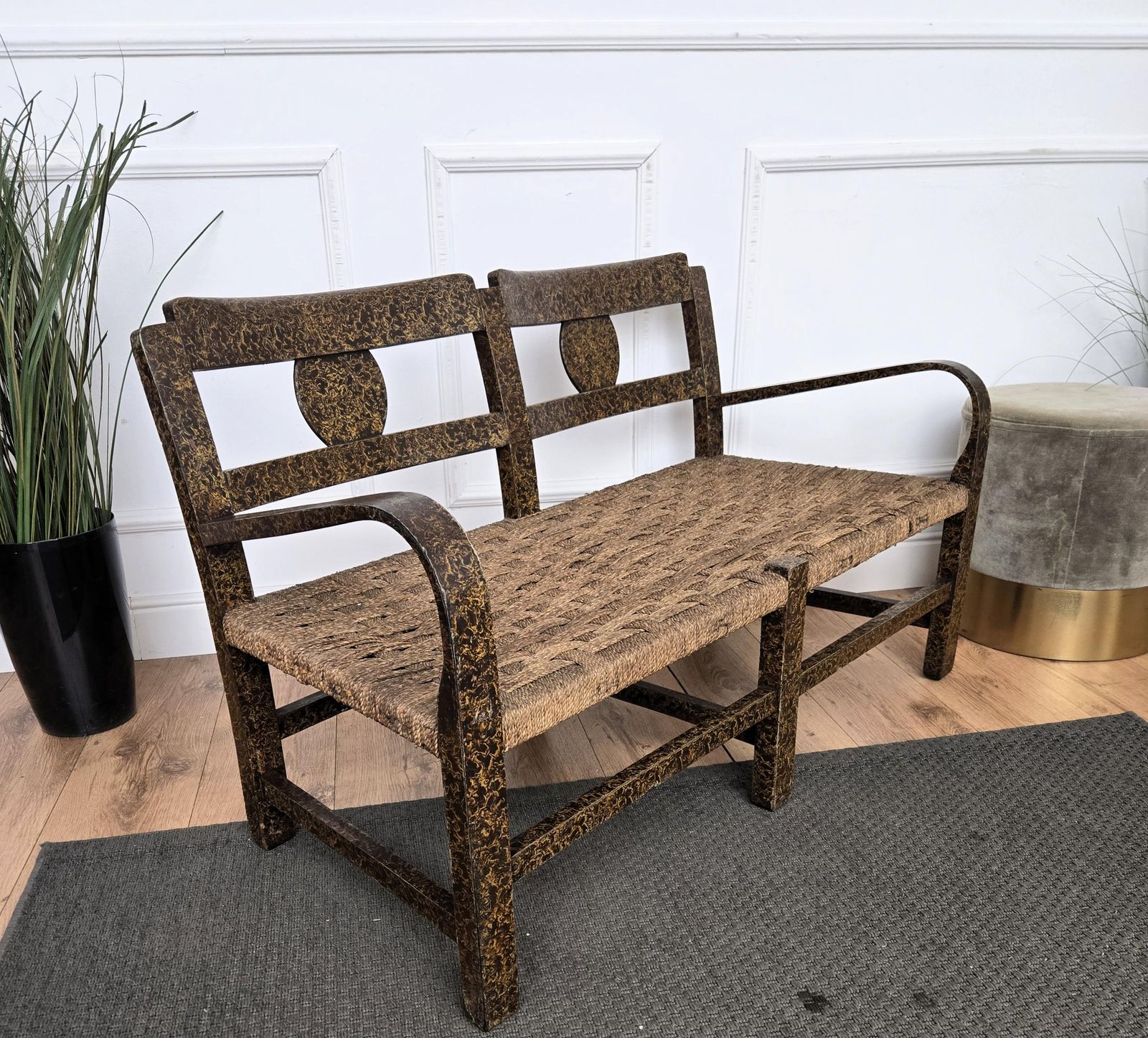 1960s Italian Midcentury Burl Wood And Cord Woven Rope Lounge Bench Armchair photo 1595.0