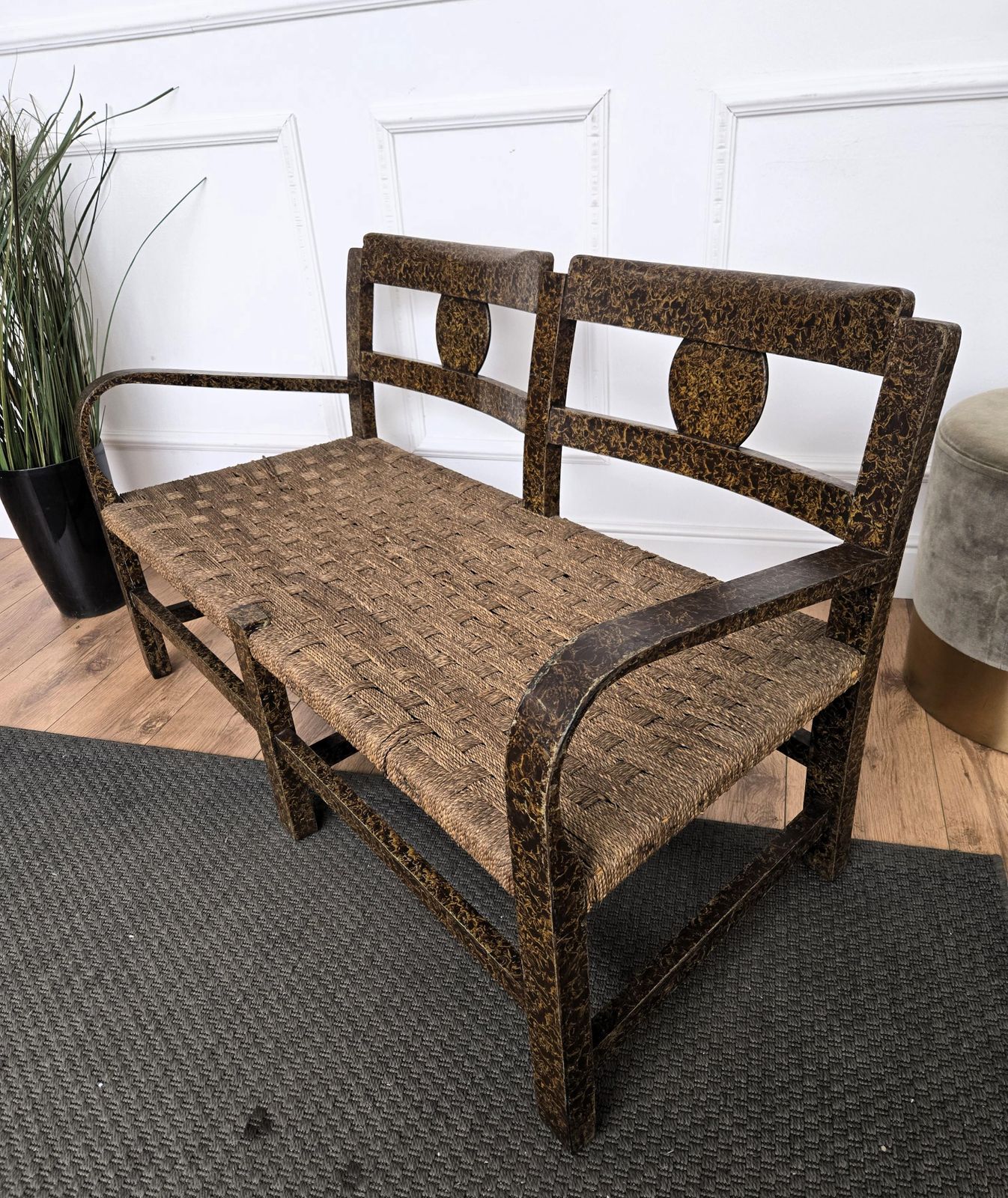 1960s Italian Midcentury Burl Wood And Cord Woven Rope Lounge Bench Armchair photo vinterior