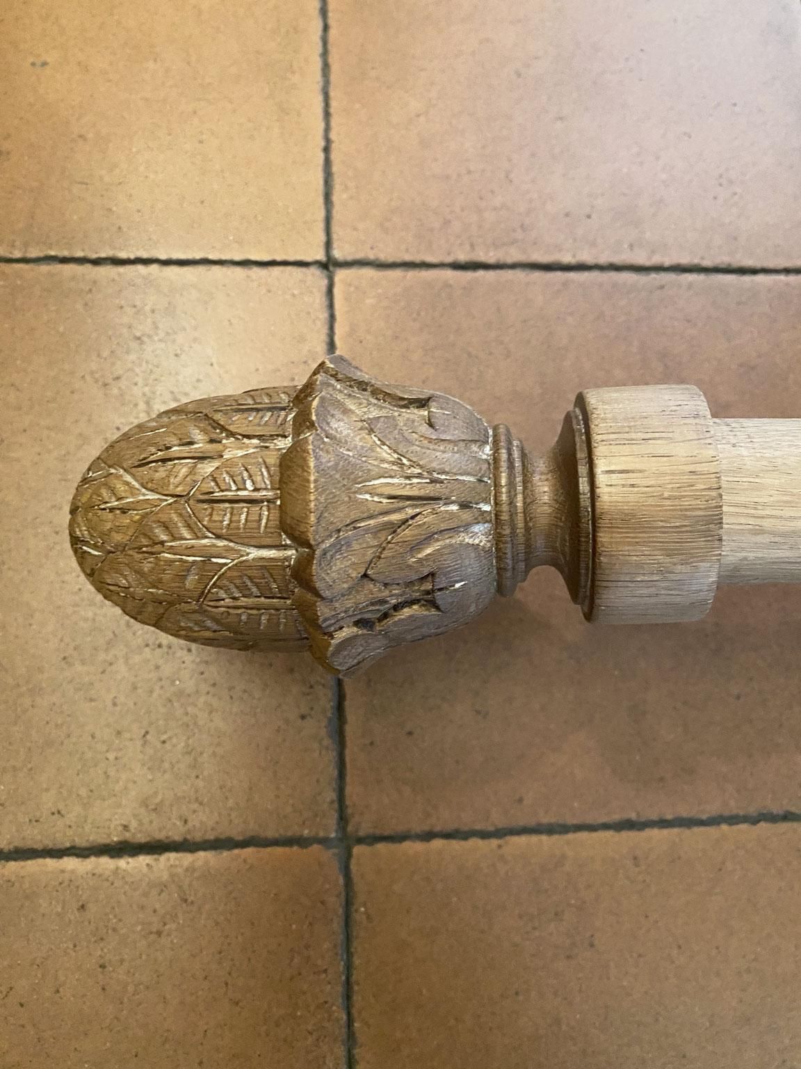 French Vintage Carved In Natural Oak Wood Curtain Rod With Wooden Rings photo Home Decor