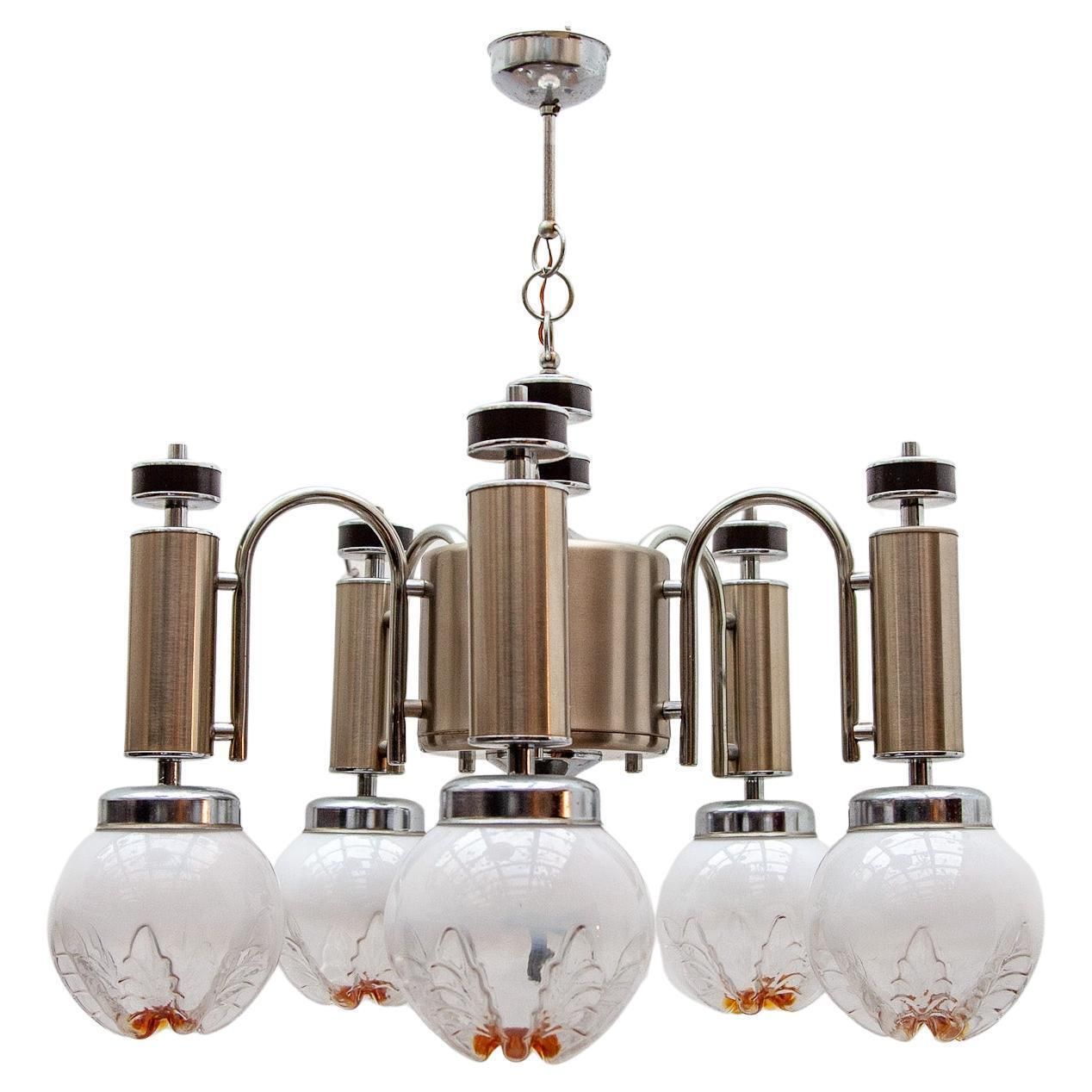 Murano Avmazzega Midcentury Five Blown Glass Globe And Chrome Chandelier, Italy