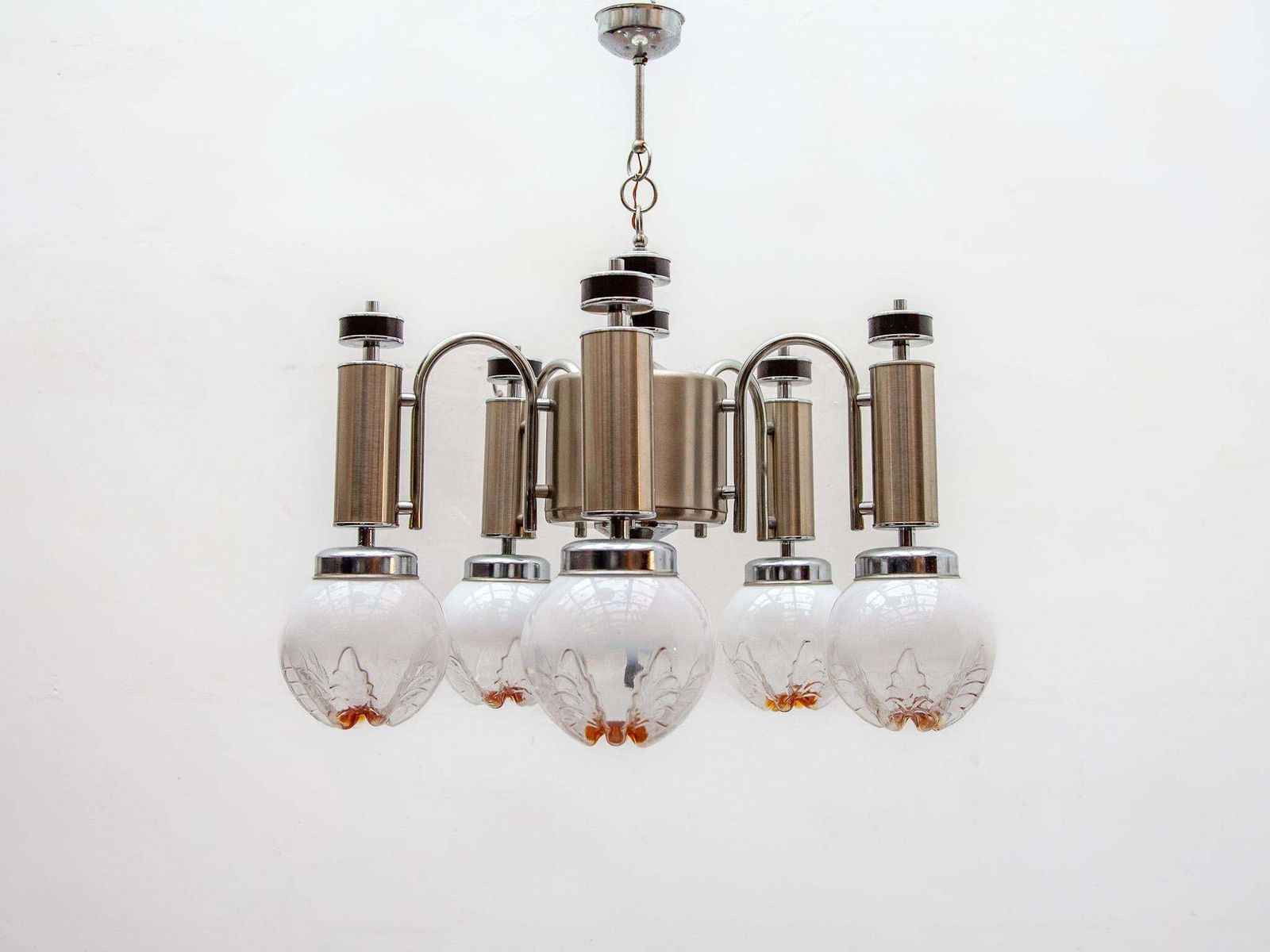 Murano Avmazzega Midcentury Five Blown Glass Globe And Chrome Chandelier, Italy photo for sale