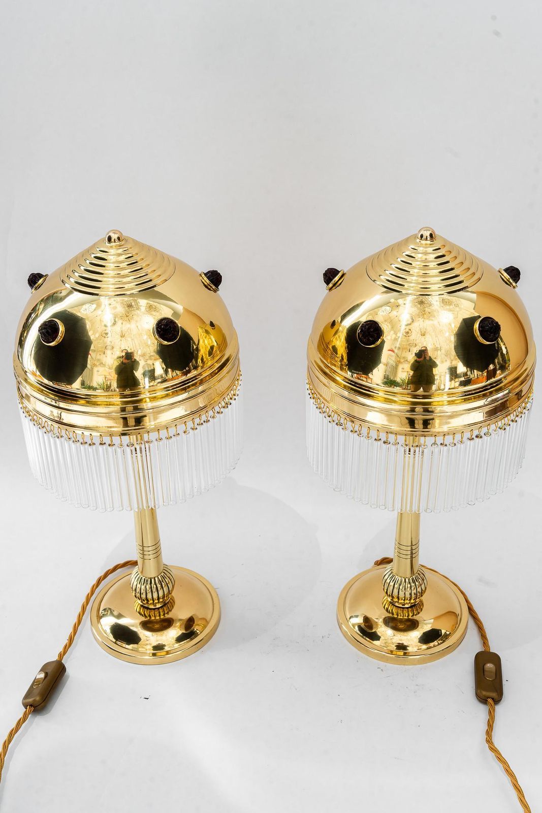 2x Art Deco Table Lamps With Red Opaline Glass Stones Vienna Around 1920s photo furniture