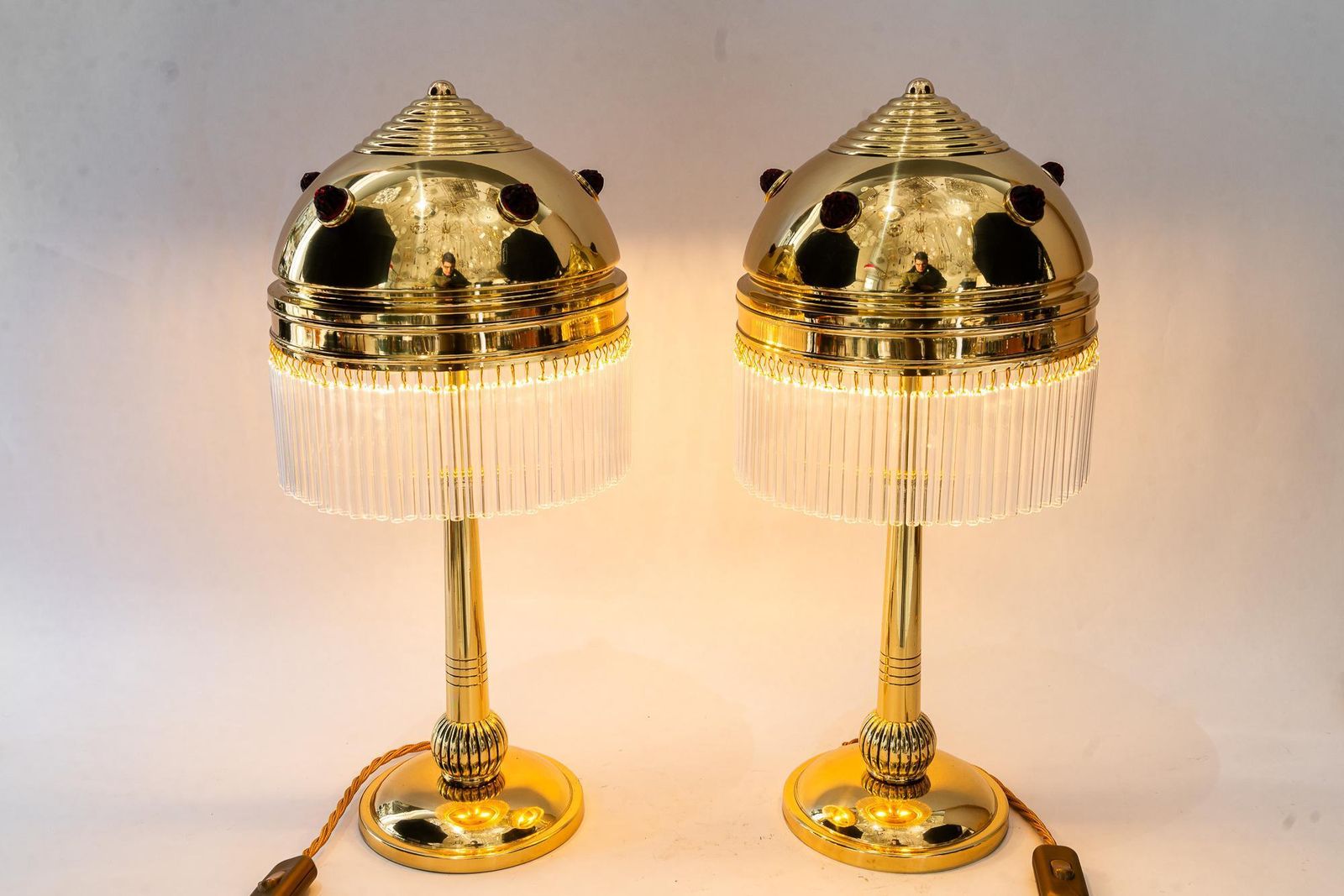 photo for sale 2x Art Deco Table Lamps With Red Opaline Glass Stones Vienna Around 1920s