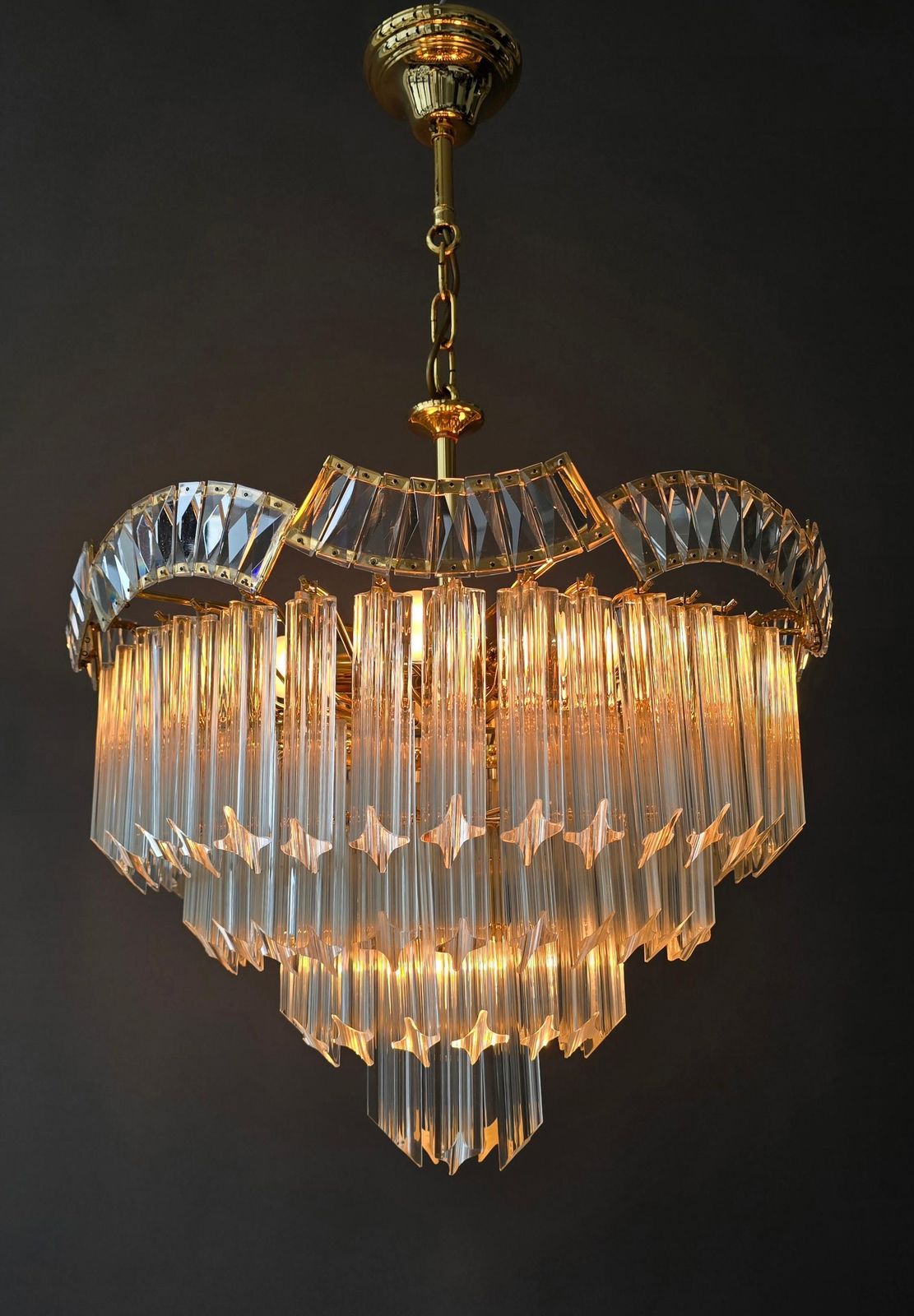Italian Brass And Crystal Tiered Chandelier, Circa 1970   1980 photo Lighting