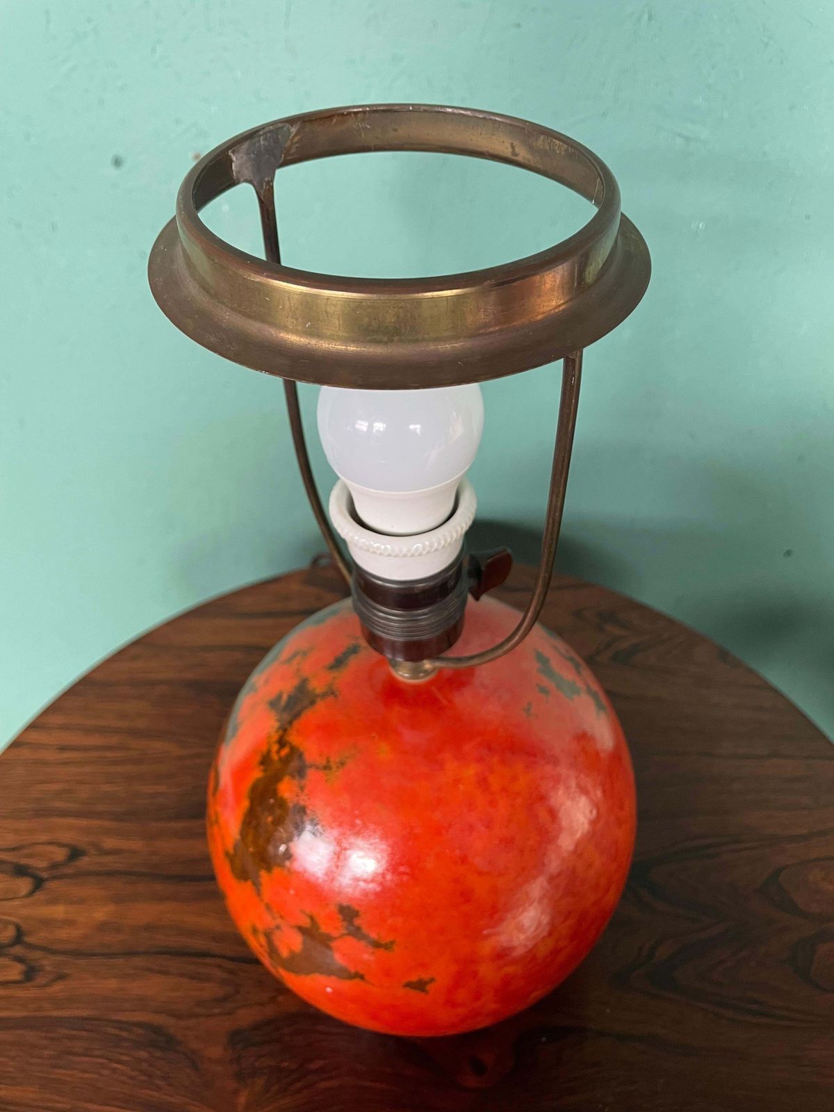 Art Deco Hak Herman Kähler Pottery Lamp, C.1930s Orange Globe With Brass Detais photo buy