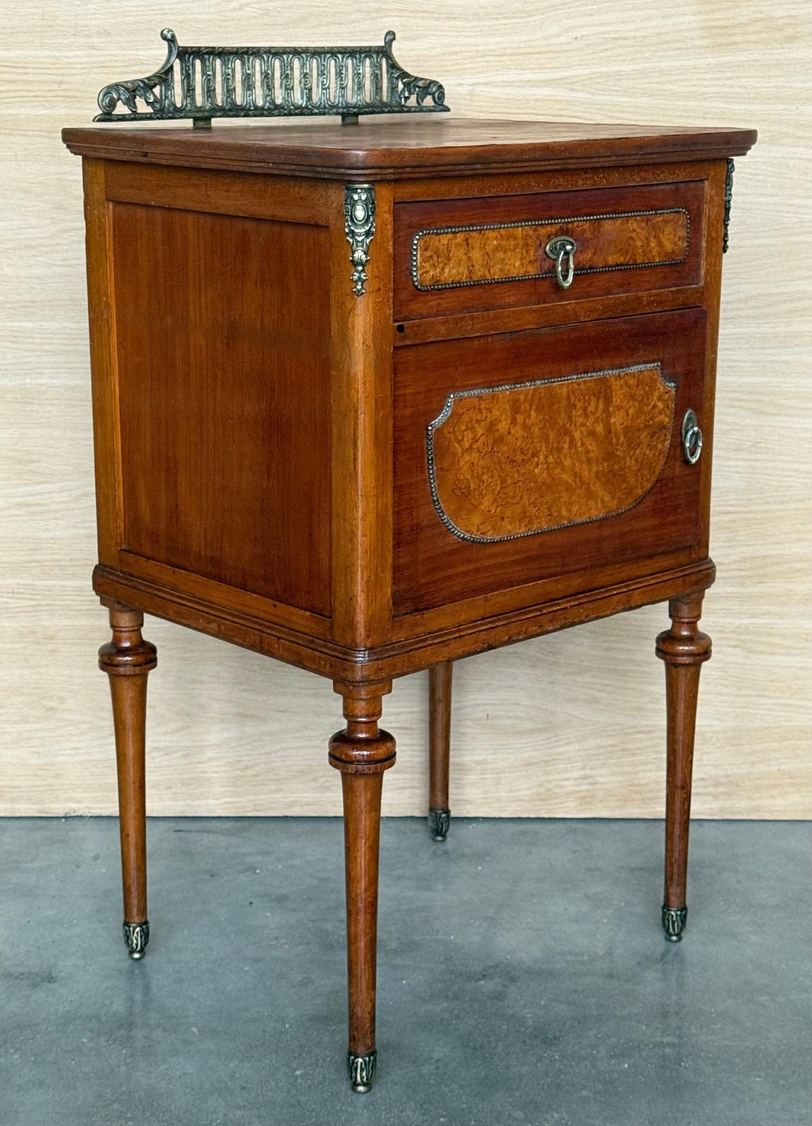 Pair Of French Mahogany Nightstands With Drawer, Door And Bronze Crest photo 2394.0