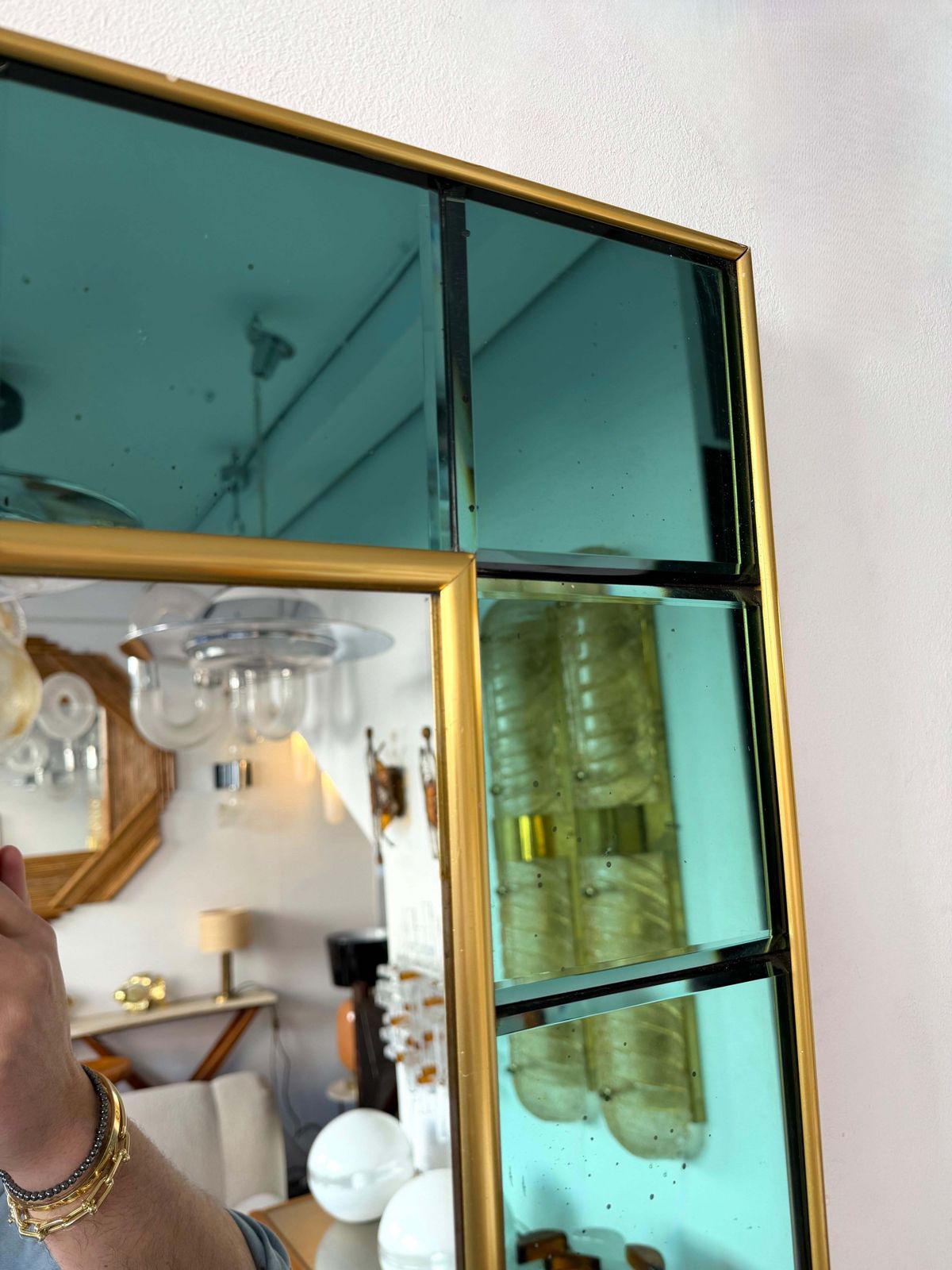Extra Large Floor Mirror Green Glass And Brass By Cristal Art Italy, 1960s photo vinterior