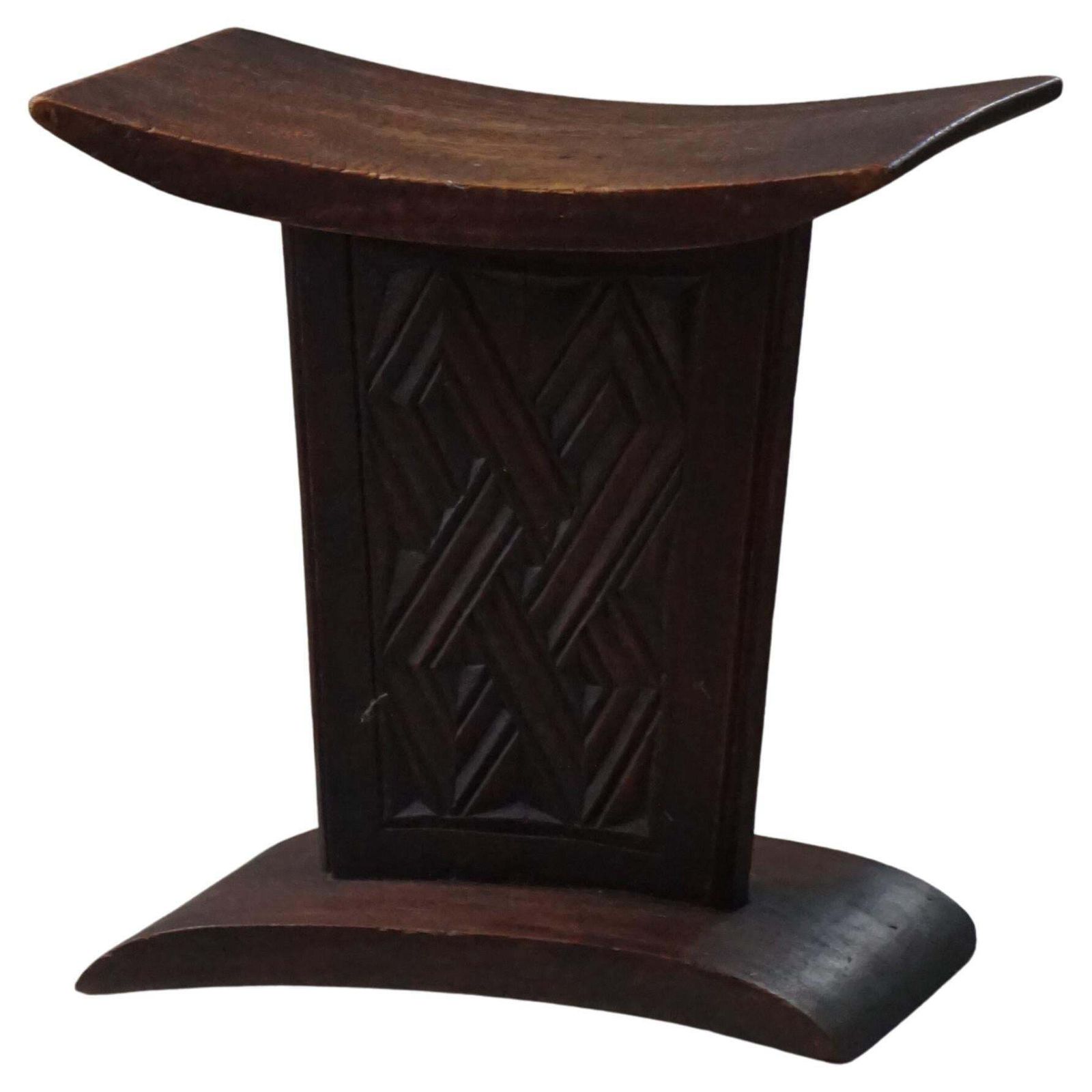 African Sculptural Hardwood Stool, Curved Seat And Architectural Base, 1970s
