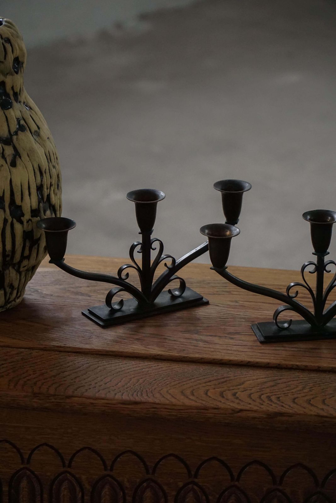 photo buy Early 20th Century, Pair Of Art Deco Danish Metal Three Arm Candelabra, 1930s