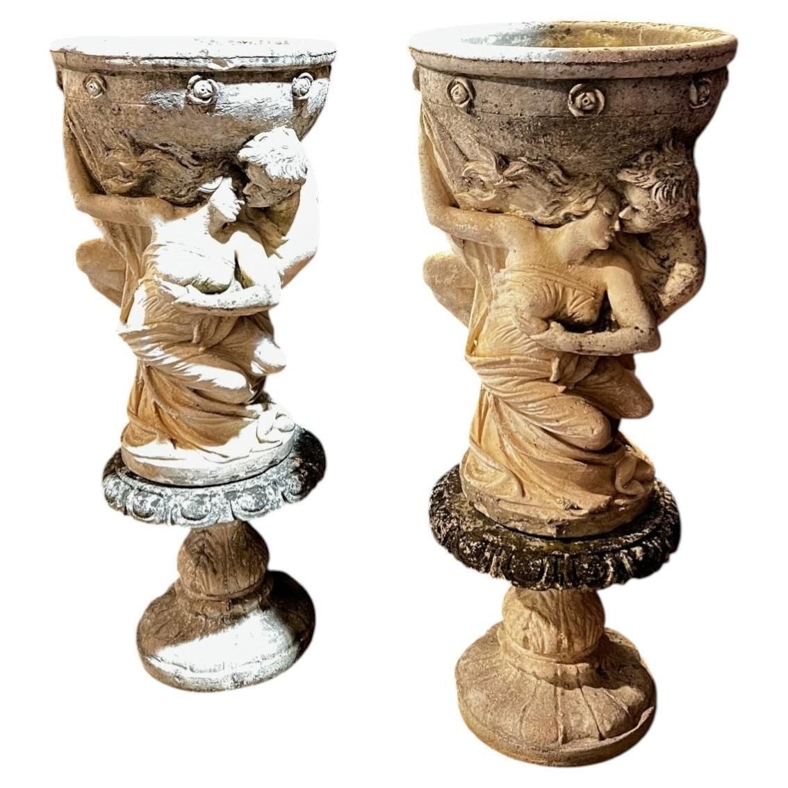 Pair Of Large Composite Stone Vases With Allegorical Figures, Italy