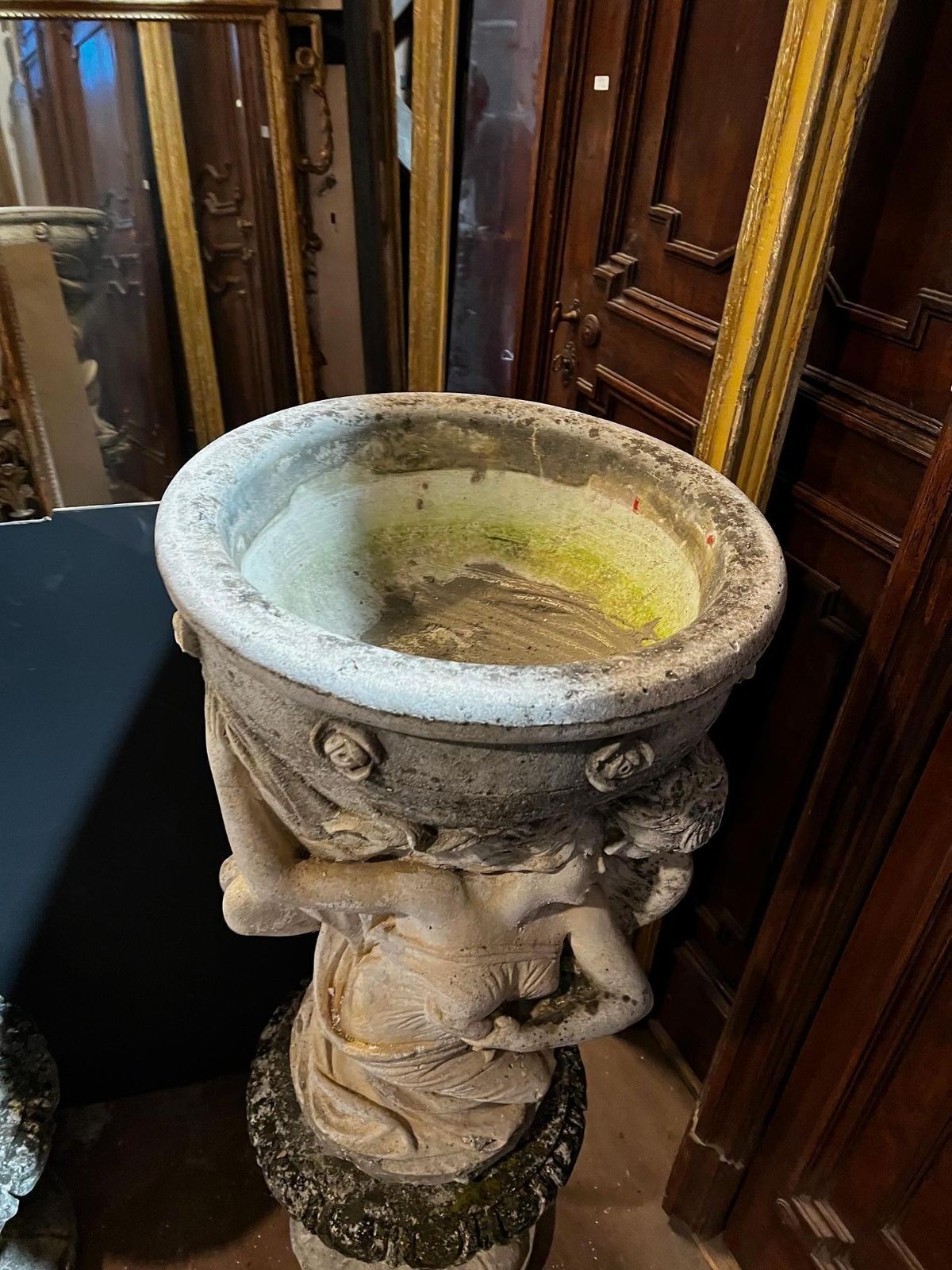 Pair Of Large Composite Stone Vases With Allegorical Figures, Italy photo vintage