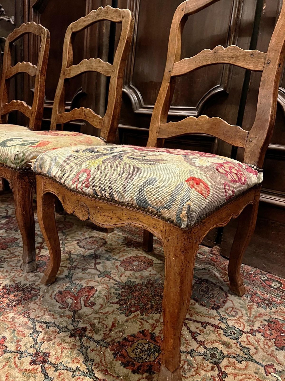 photo for sale Set Of No.6 Walnut Chairs, Floral Upholstery, Italy