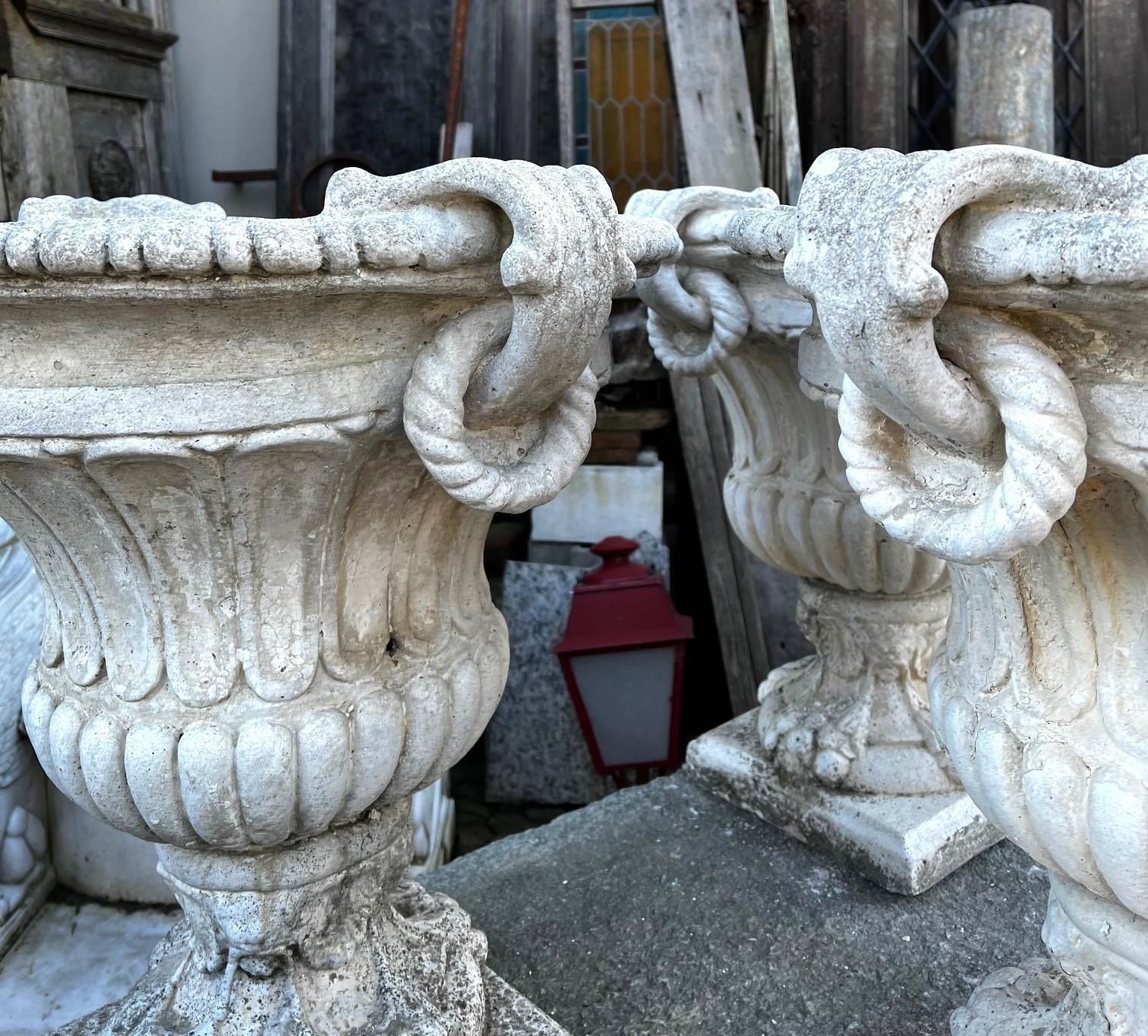 Set Of 4 Composite Stone Bowl Vases With Masks And Carved Decorations photo vinterior